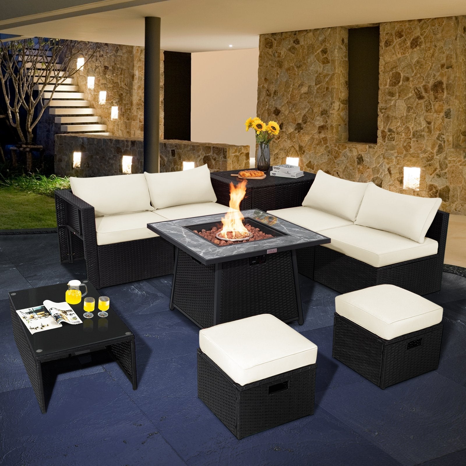 9 Pieces Outdoor Wicker Sectional with 35 Inch Gas Fire Pit Table-Black