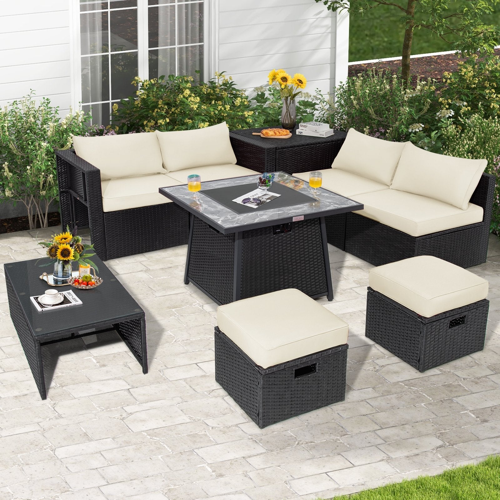 9 Pieces Outdoor Wicker Sectional with 35 Inch Gas Fire Pit Table-Black