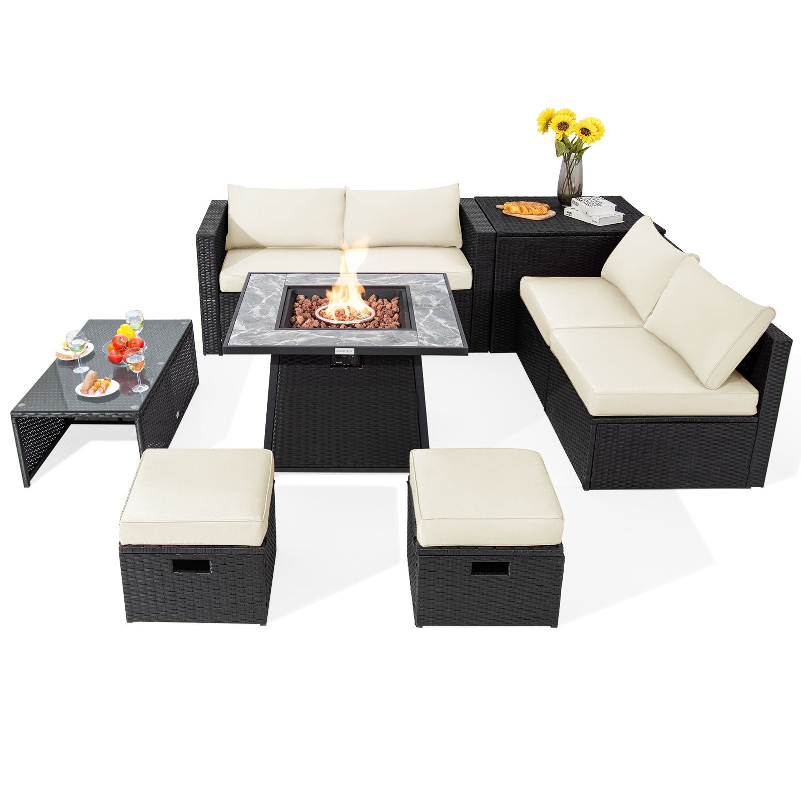 9 Pieces Outdoor Wicker Sectional with 35 Inch Gas Fire Pit Table-Black
