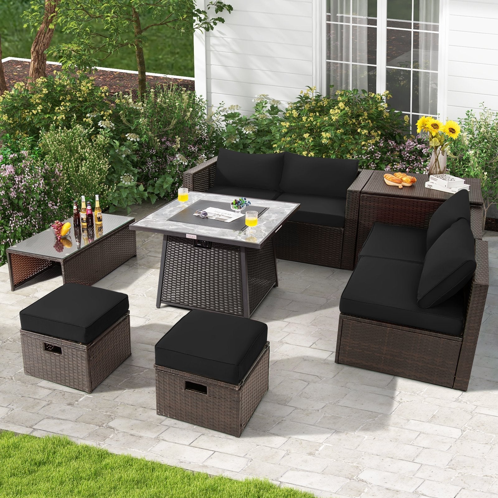9 Pieces Patio PE Wicker Sectional Set with 50000 BTU Fire Pit Table-Black
