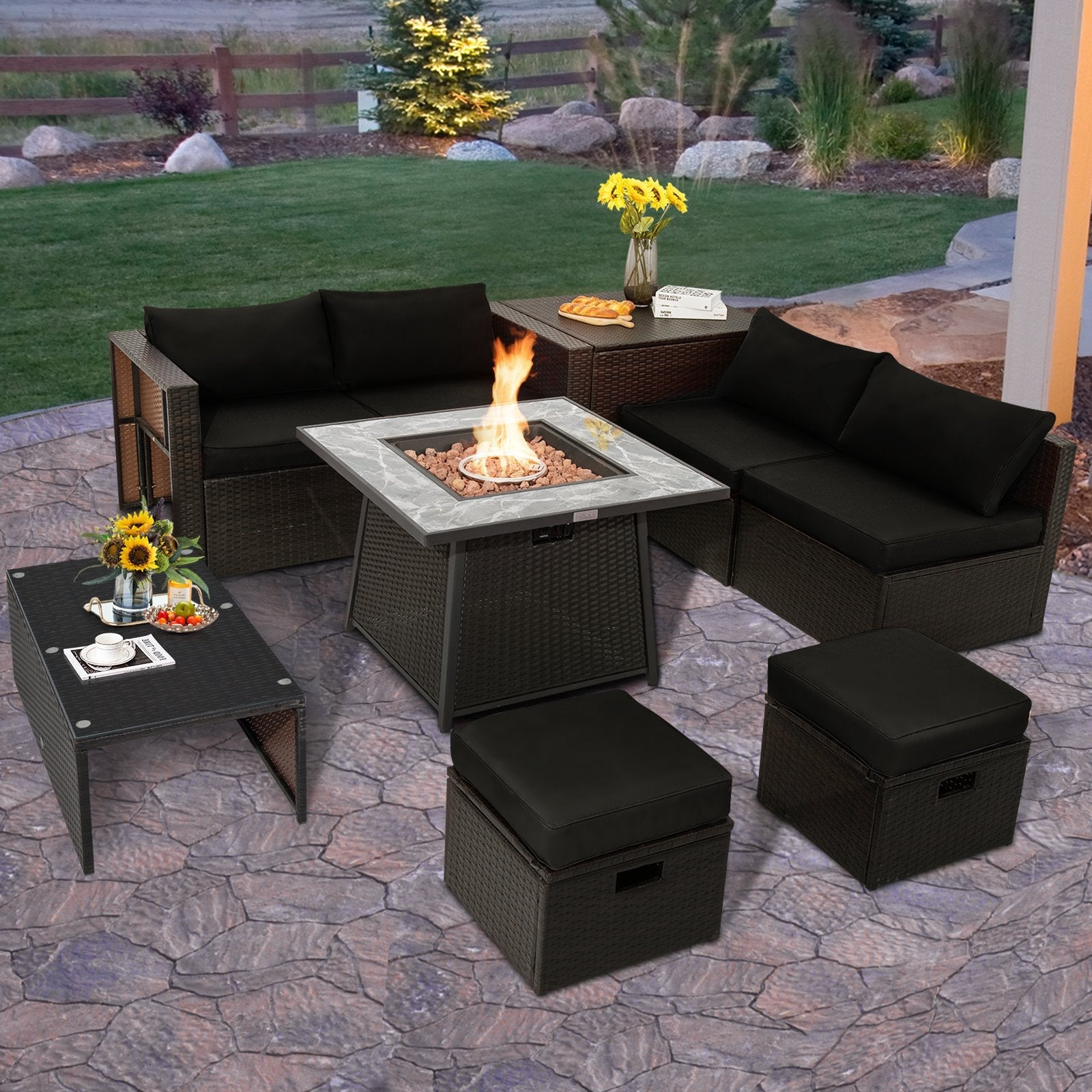 9 Pieces Patio PE Wicker Sectional Set with 50000 BTU Fire Pit Table-Black