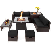 9 Pieces Patio PE Wicker Sectional Set with 50000 BTU Fire Pit Table-Black