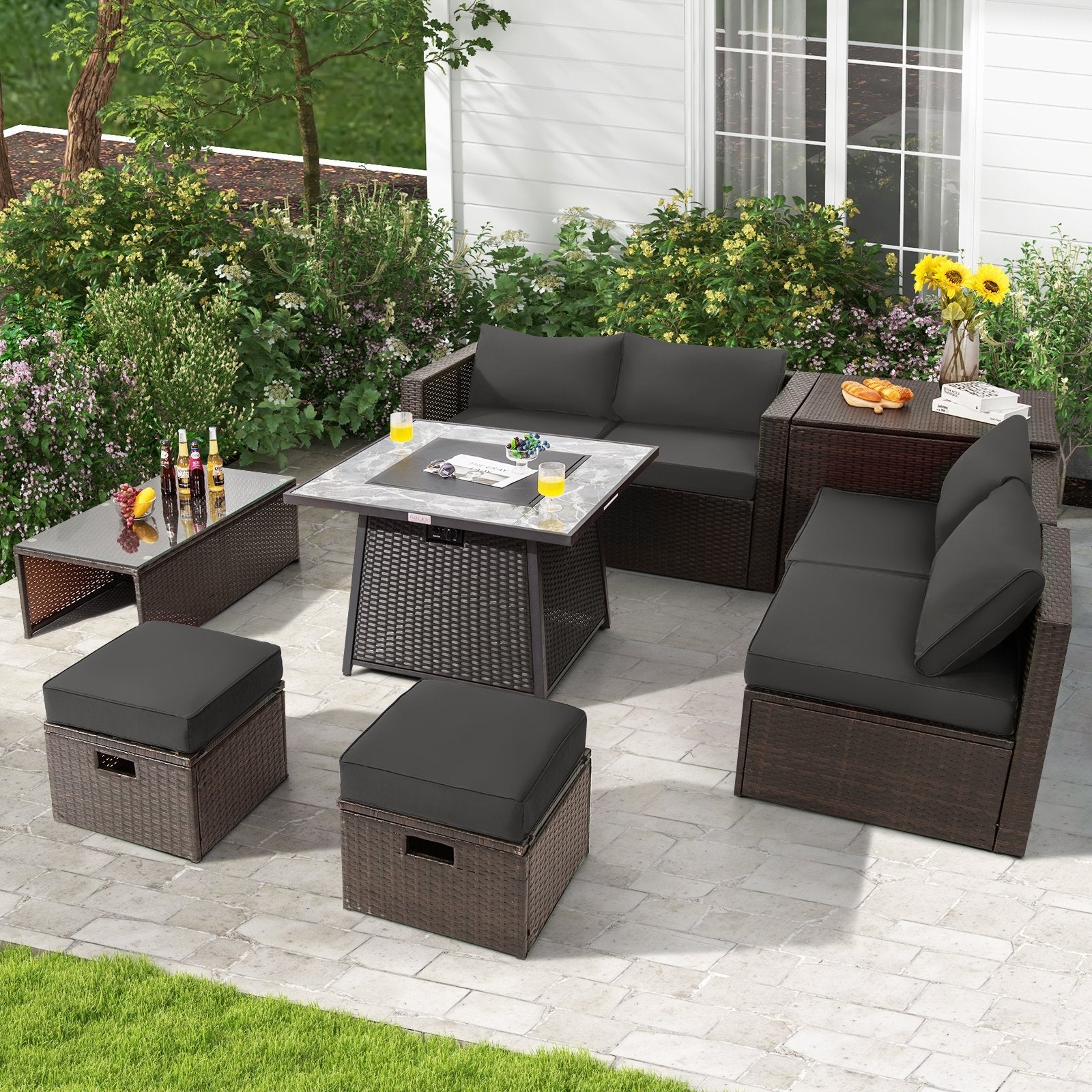 9 Pieces Patio PE Wicker Sectional Set with 50000 BTU Fire Pit Table-Black