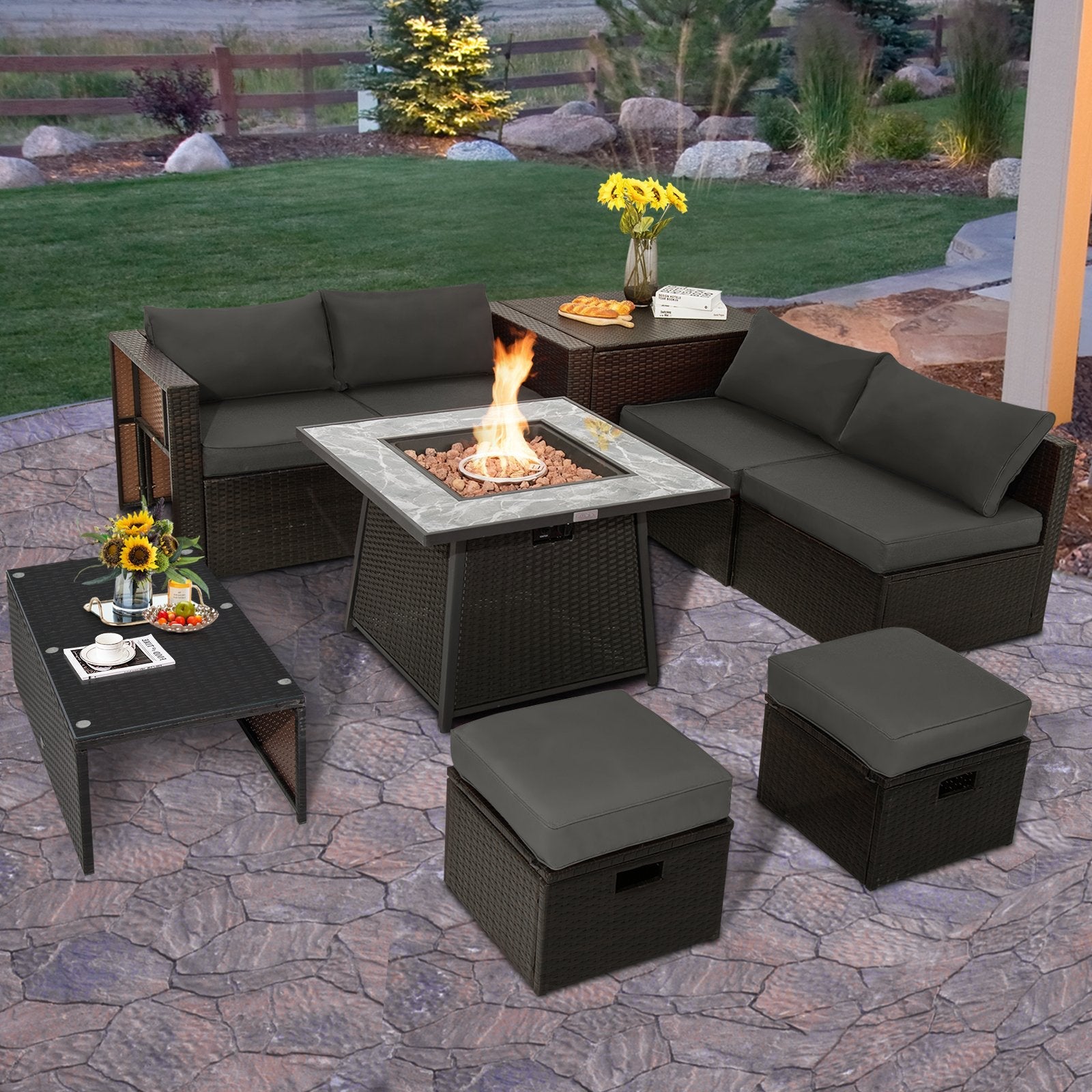 9 Pieces Patio PE Wicker Sectional Set with 50000 BTU Fire Pit Table-Black
