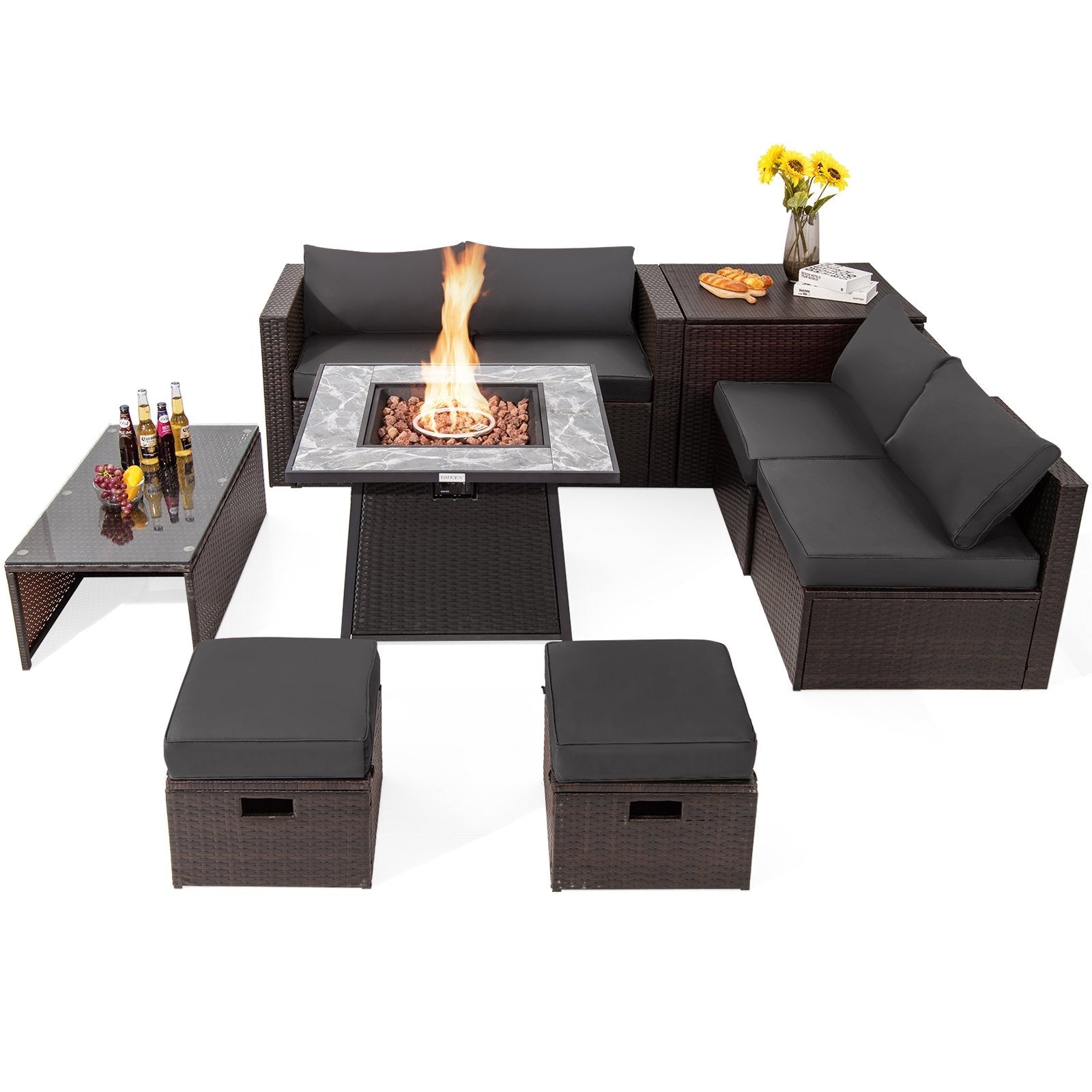 9 Pieces Patio PE Wicker Sectional Set with 50000 BTU Fire Pit Table-Black