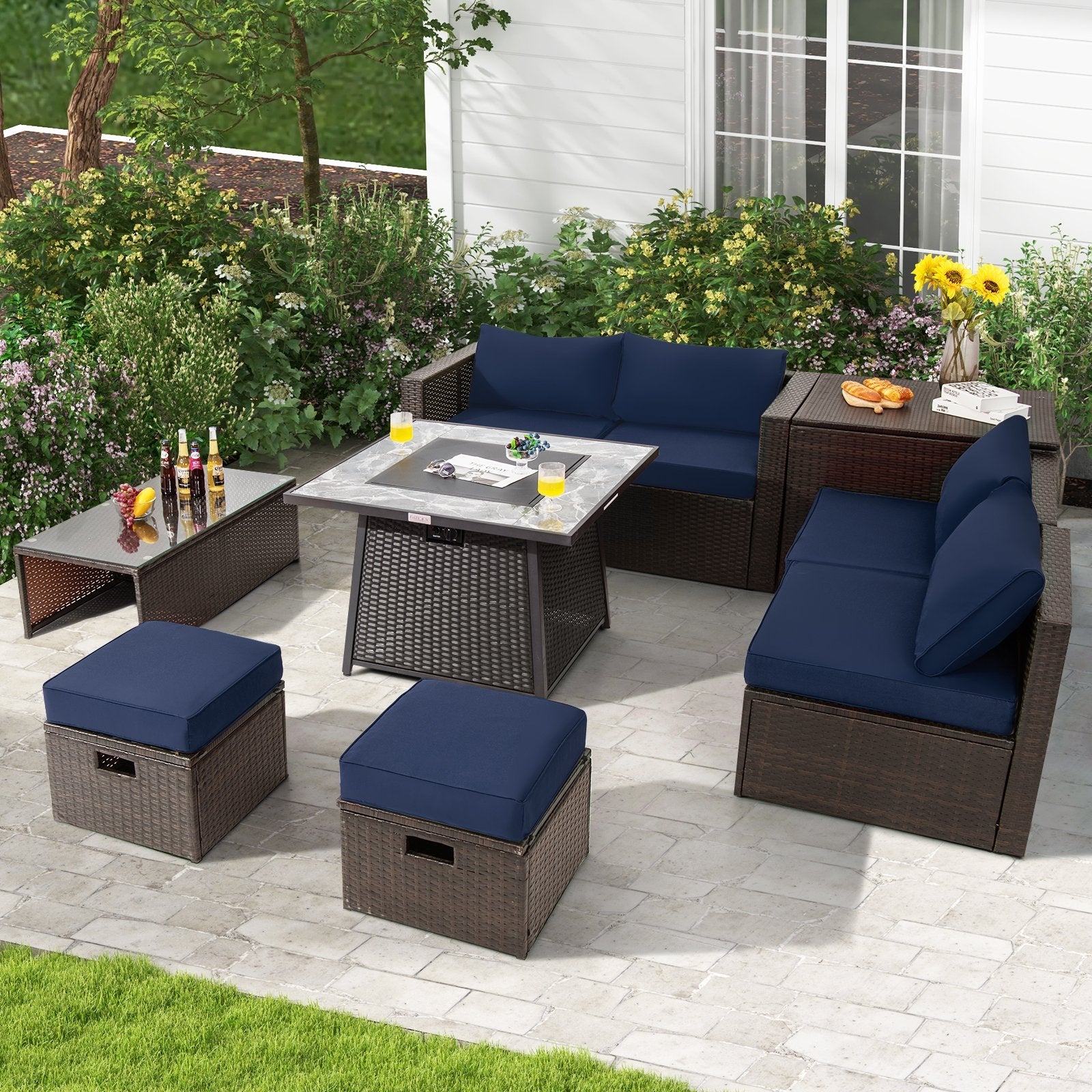 9 Pieces Patio PE Wicker Sectional Set with 50000 BTU Fire Pit Table-Black