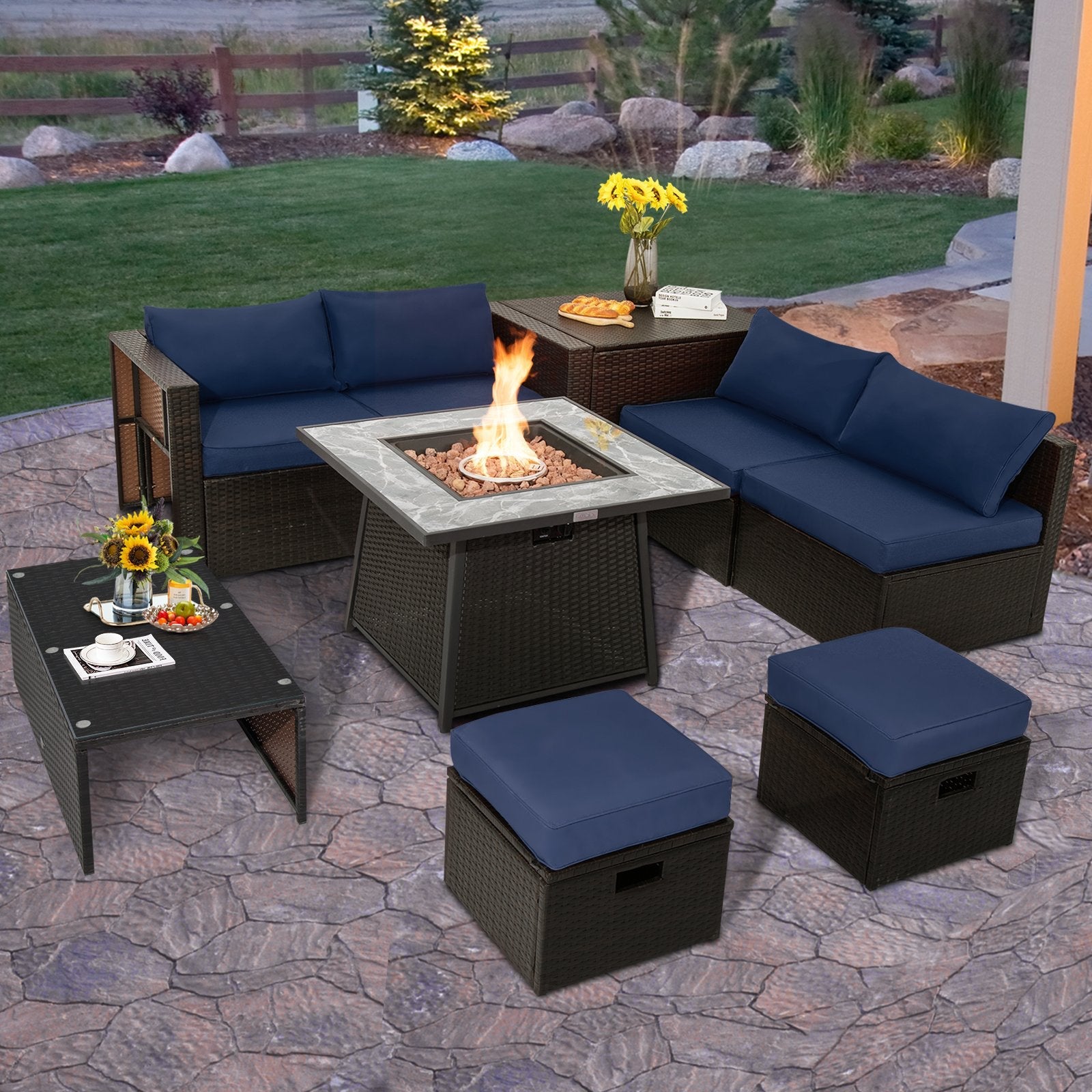 9 Pieces Patio PE Wicker Sectional Set with 50000 BTU Fire Pit Table-Black