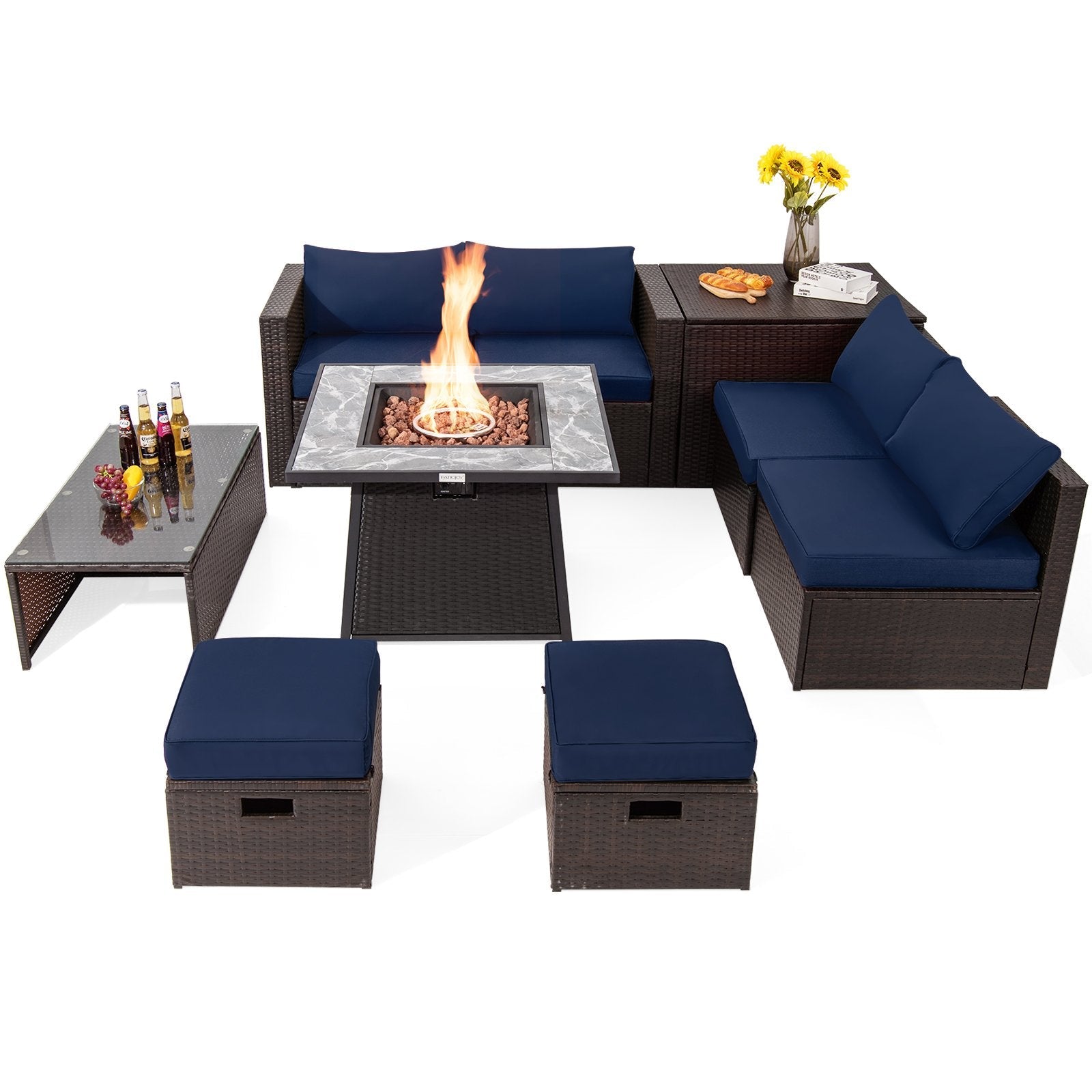 9 Pieces Patio PE Wicker Sectional Set with 50000 BTU Fire Pit Table-Black