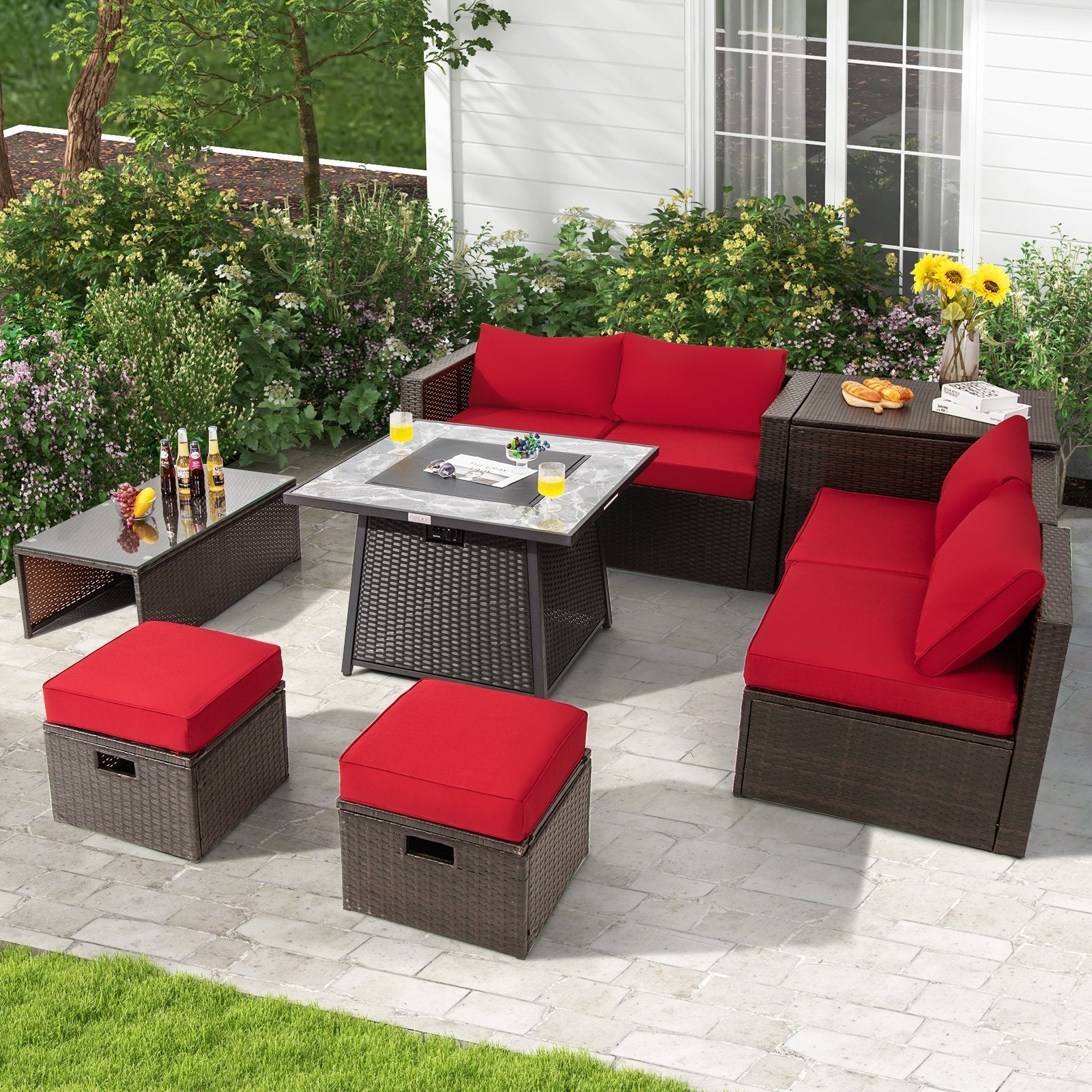 9 Pieces Patio PE Wicker Sectional Set with 50000 BTU Fire Pit Table-Black