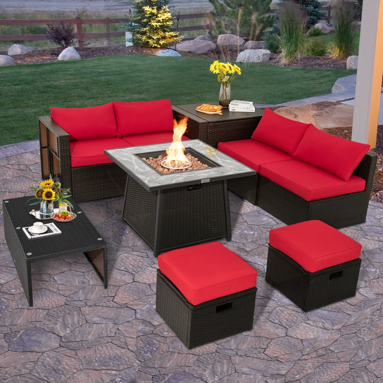 9 Pieces Patio PE Wicker Sectional Set with 50000 BTU Fire Pit Table-Black