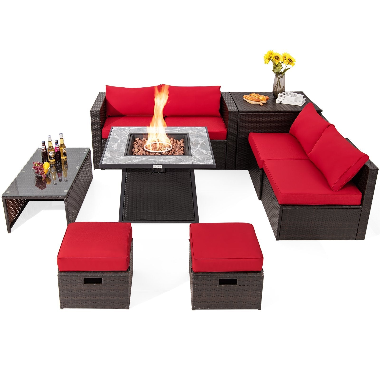 9 Pieces Patio PE Wicker Sectional Set with 50000 BTU Fire Pit Table-Black