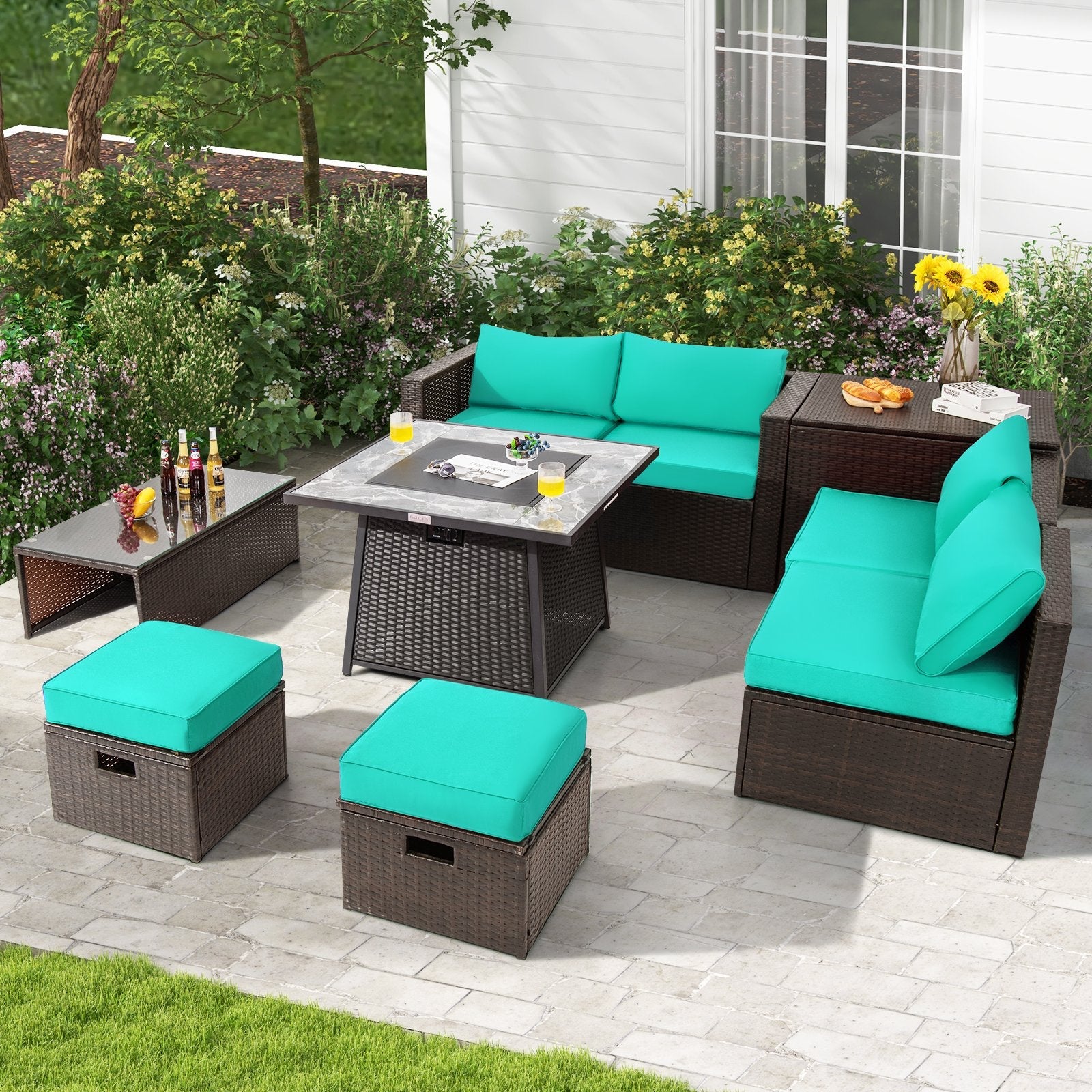 9 Pieces Patio PE Wicker Sectional Set with 50000 BTU Fire Pit Table-Black