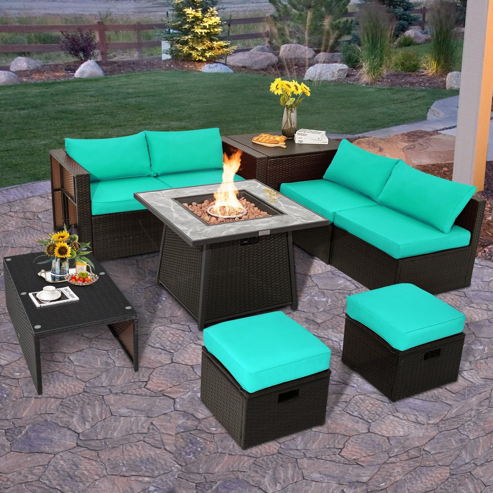 9 Pieces Patio PE Wicker Sectional Set with 50000 BTU Fire Pit Table-Black