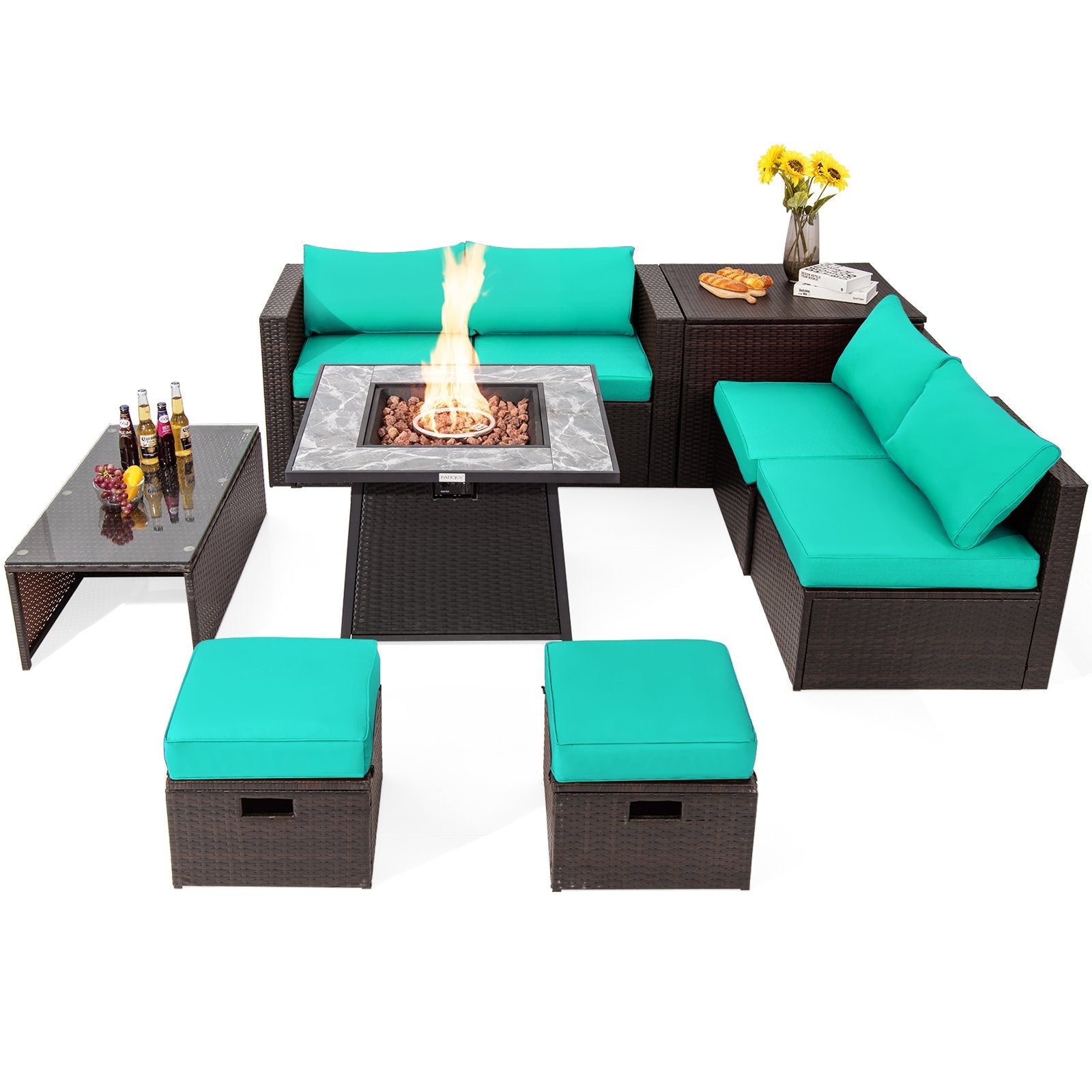 9 Pieces Patio PE Wicker Sectional Set with 50000 BTU Fire Pit Table-Black