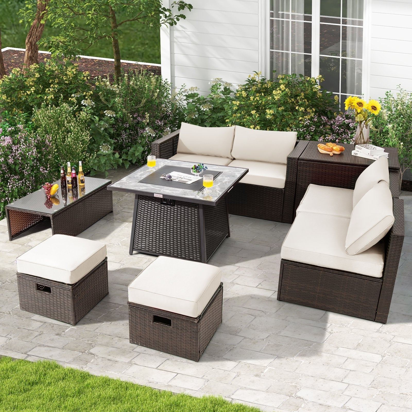 9 Pieces Patio PE Wicker Sectional Set with 50000 BTU Fire Pit Table-Black