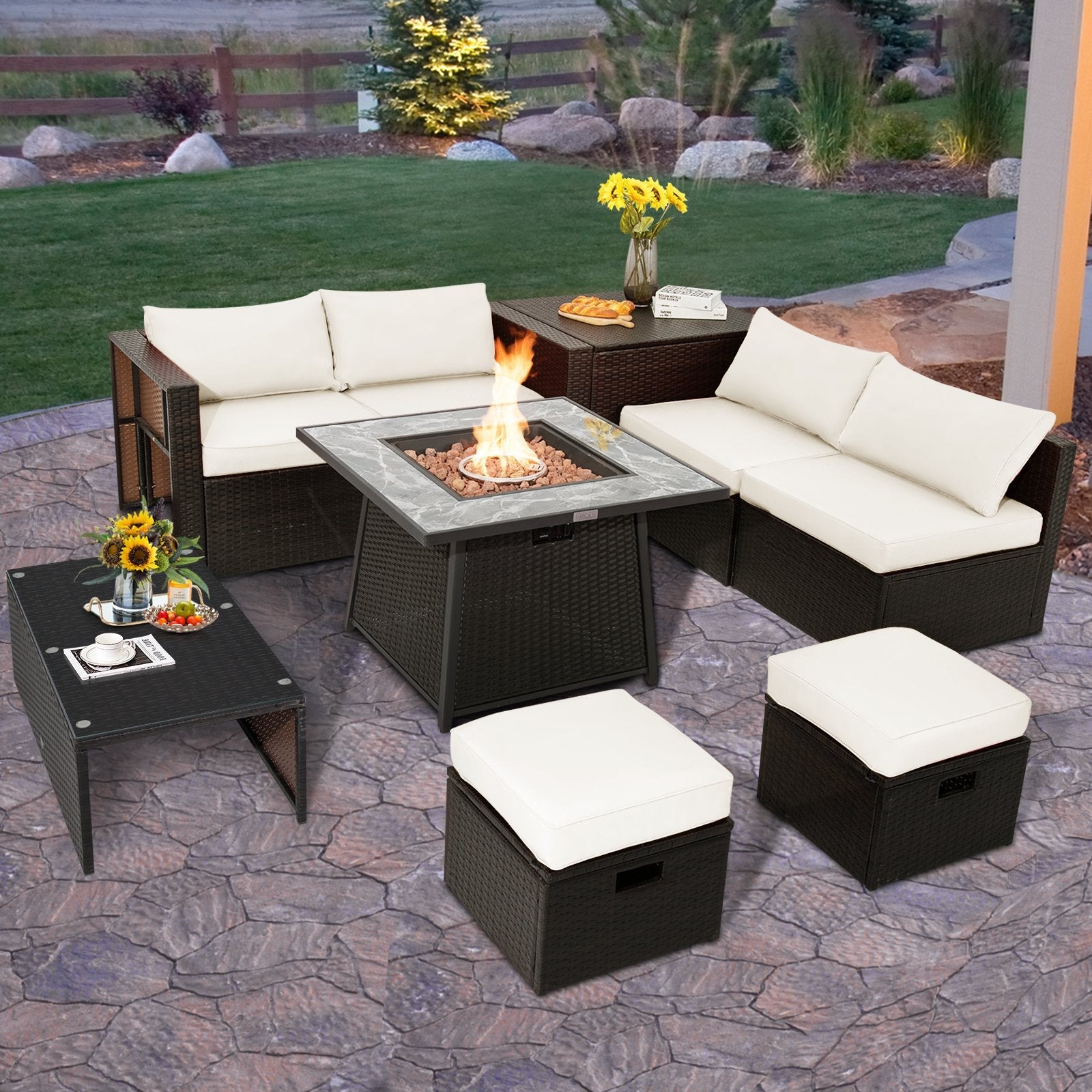 9 Pieces Patio PE Wicker Sectional Set with 50000 BTU Fire Pit Table-Black