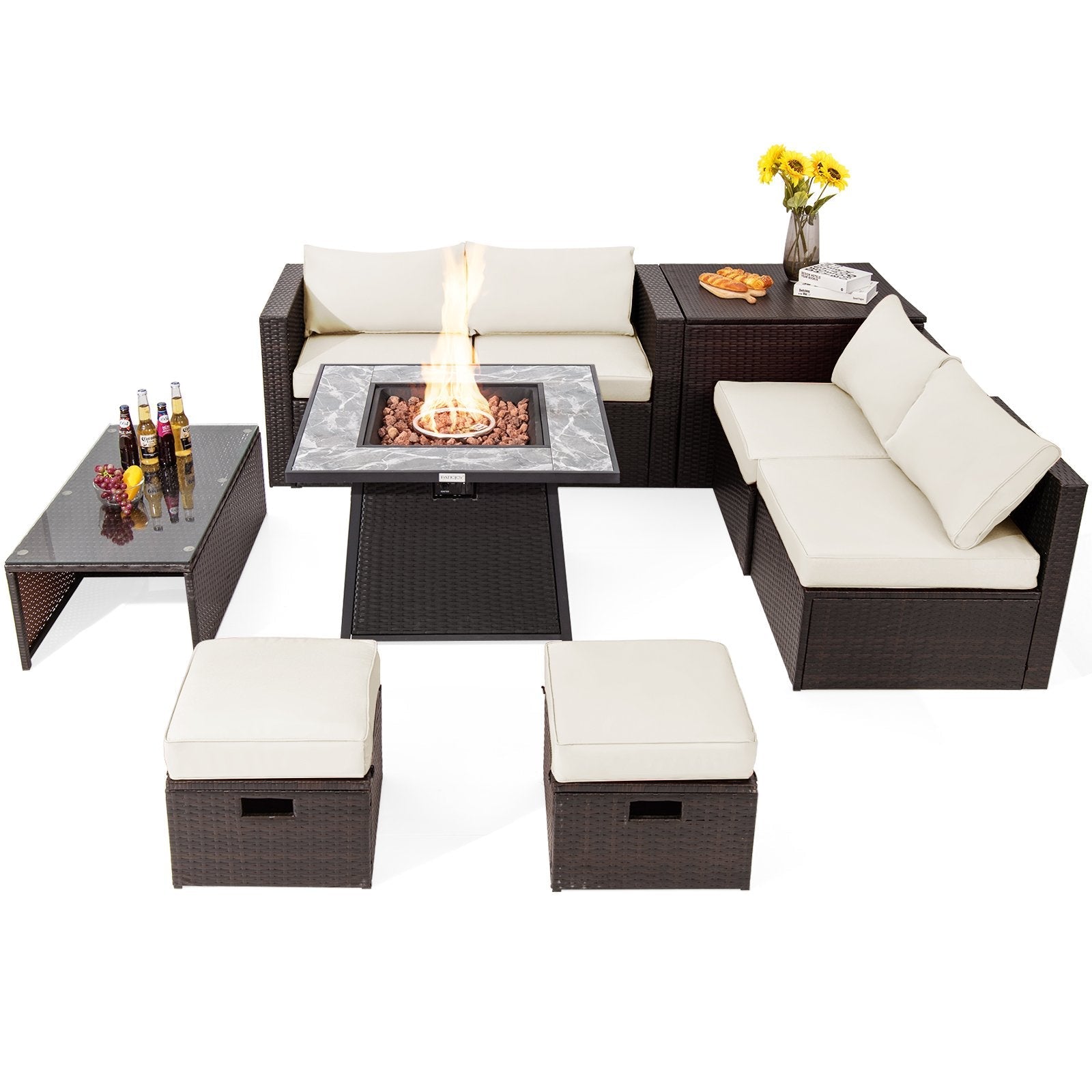 9 Pieces Patio PE Wicker Sectional Set with 50000 BTU Fire Pit Table-Black