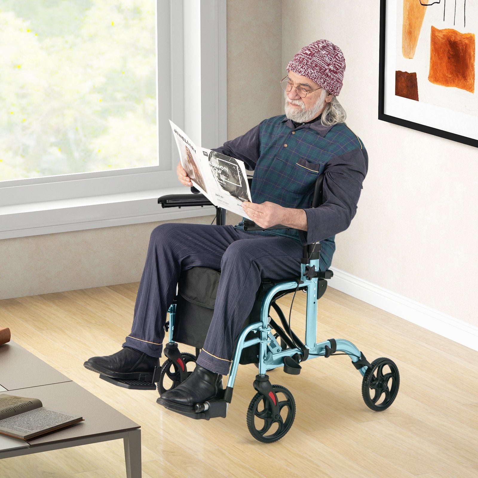 Folding Rollator Walker with Seat and Wheels Supports up to 300 lbs-Black