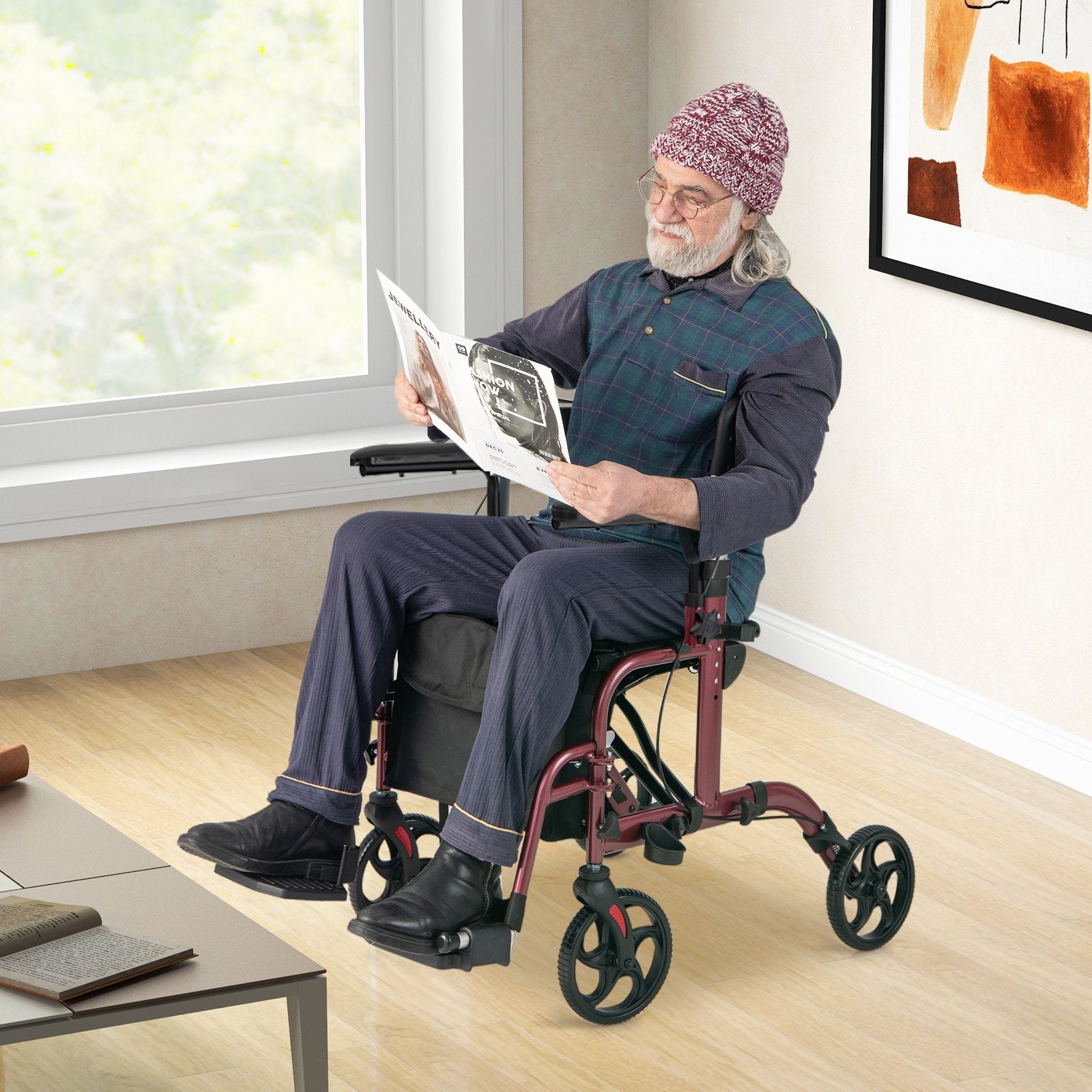 Folding Rollator Walker with Seat and Wheels Supports up to 300 lbs-Black