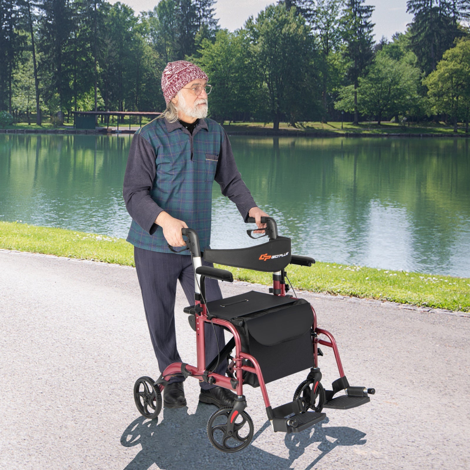 Folding Rollator Walker with Seat and Wheels Supports up to 300 lbs-Black