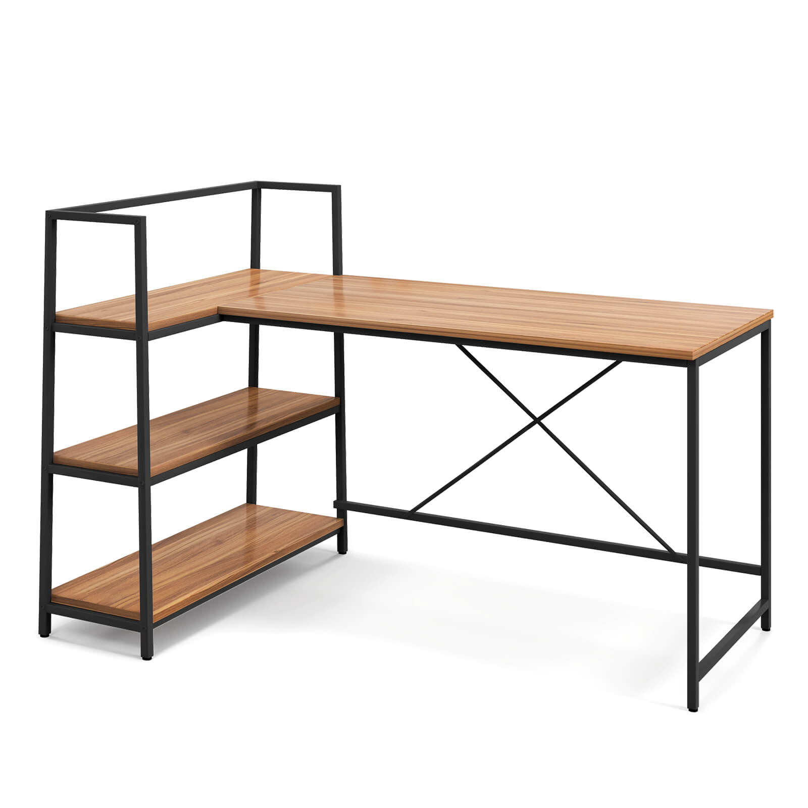 Reversible L Shaped Computer Corner Workstation with 3-Tier Open Shelf-Walnut