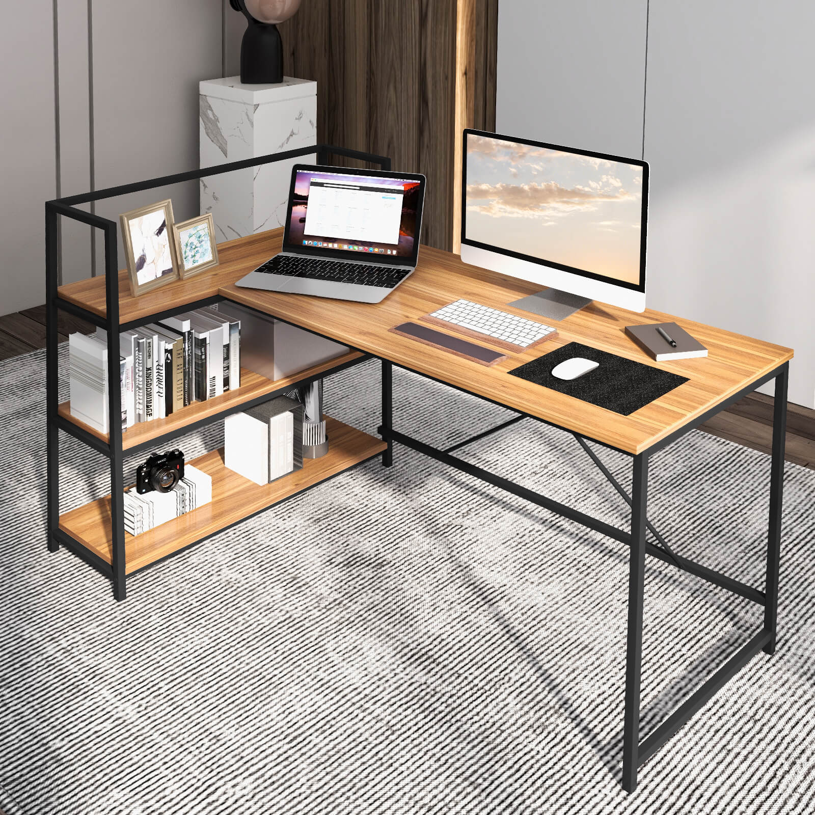Reversible L Shaped Computer Corner Workstation with 3-Tier Open Shelf-Walnut