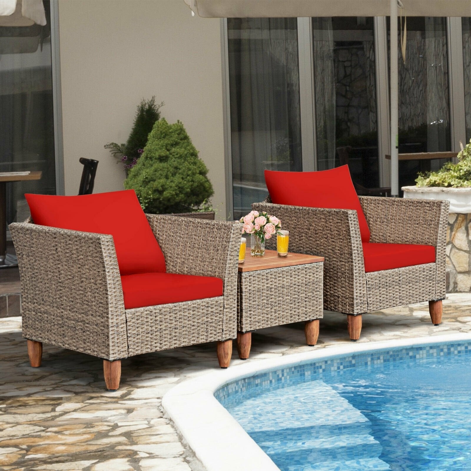 3 Pieces Patio Rattan Furniture Set with Washable Cushion for Yard Porch-Beige