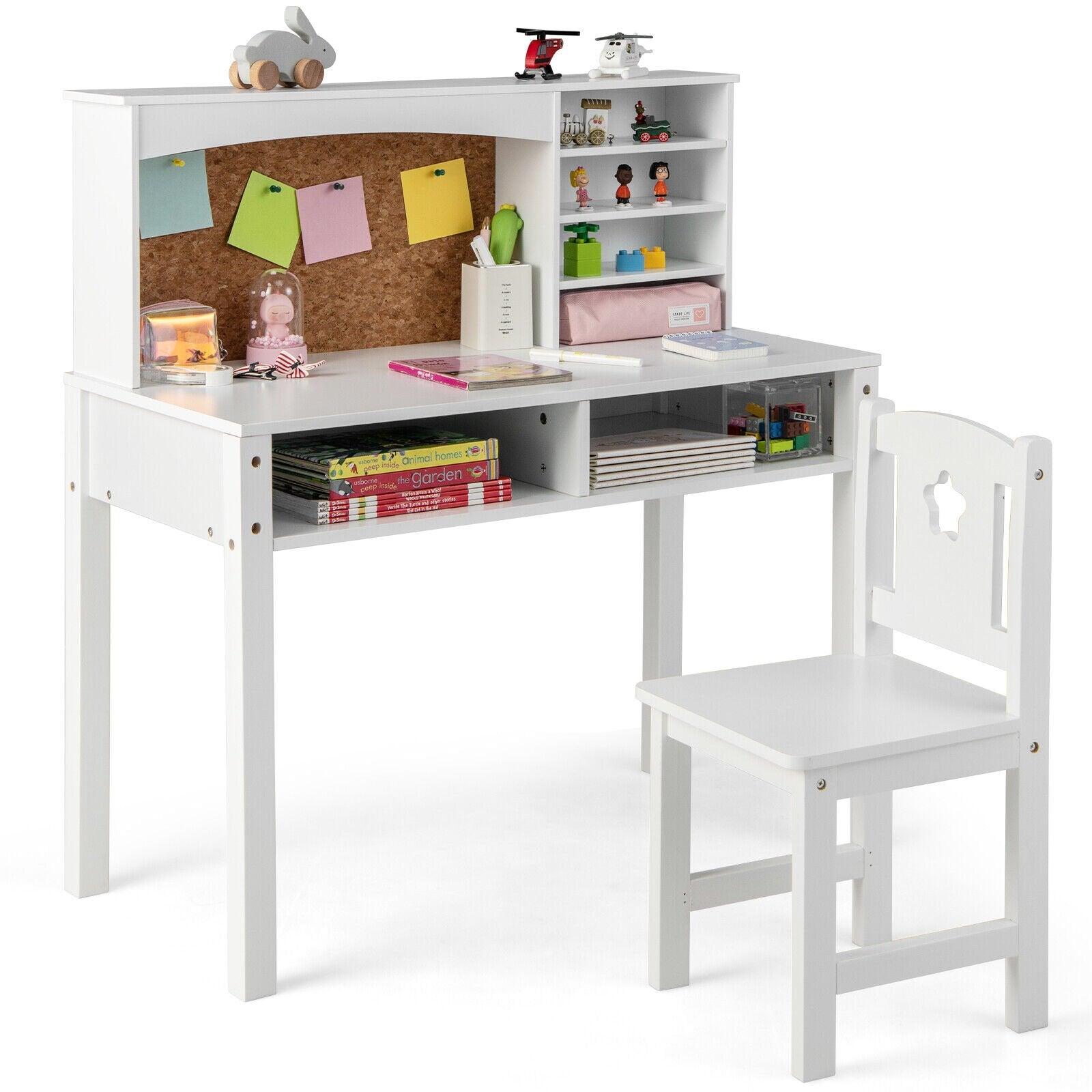 Kids Desk and Chair Set with Hutch and Bulletin Board for 3+ Kids-Pink