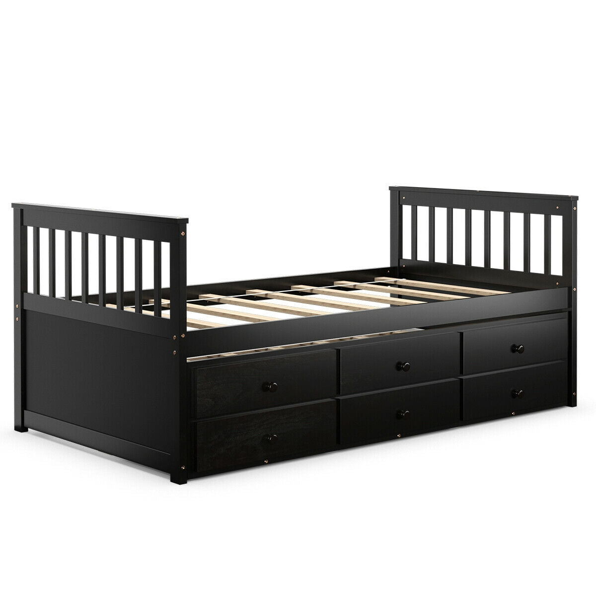 Twin Captain’s Bed with Trundle Bed with 3 Storage Drawers-Dark Brown