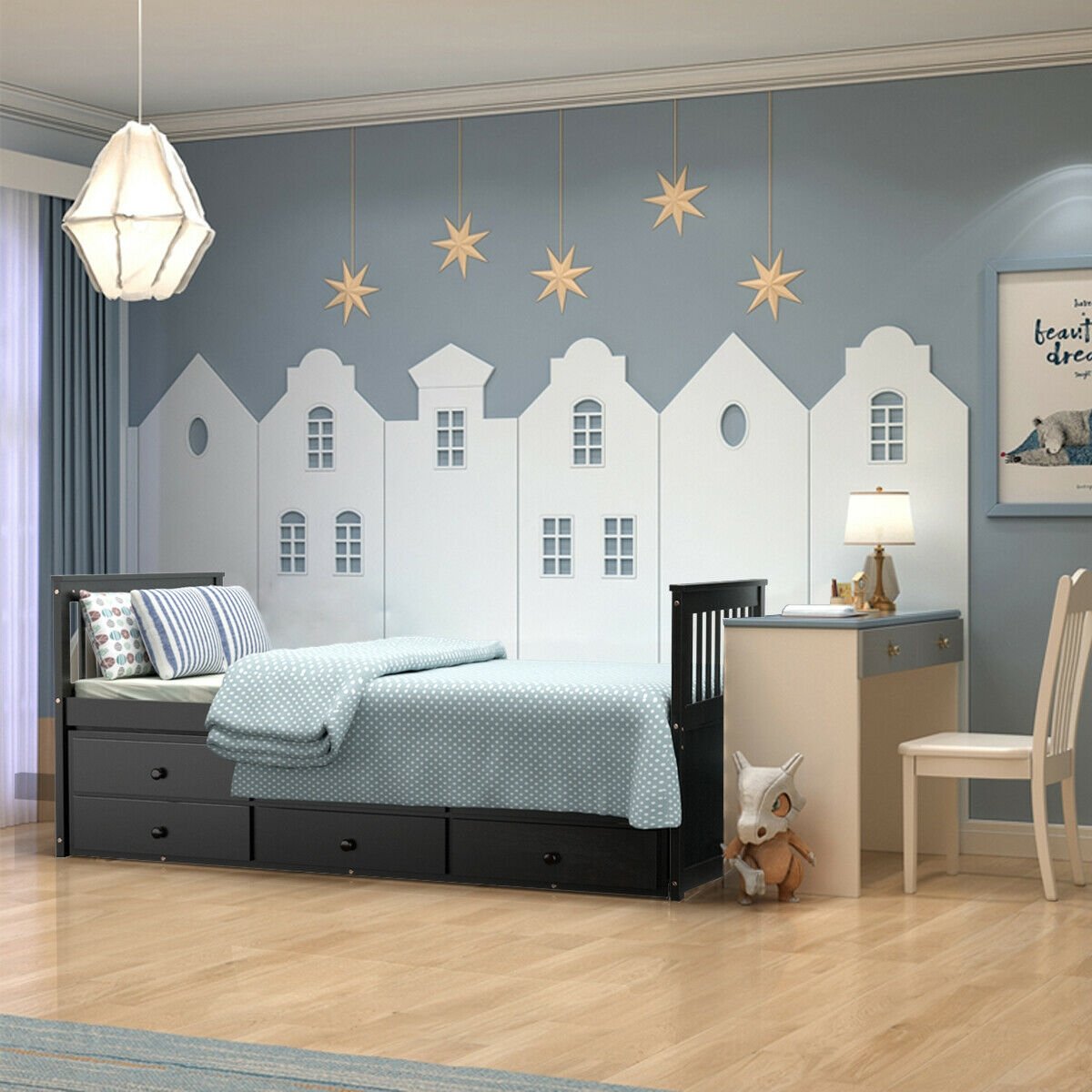 Twin Captain’s Bed with Trundle Bed with 3 Storage Drawers-Dark Brown