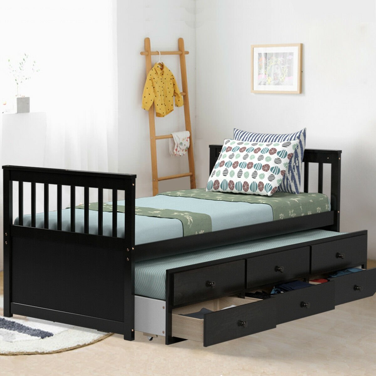 Twin Captain’s Bed with Trundle Bed with 3 Storage Drawers-Dark Brown