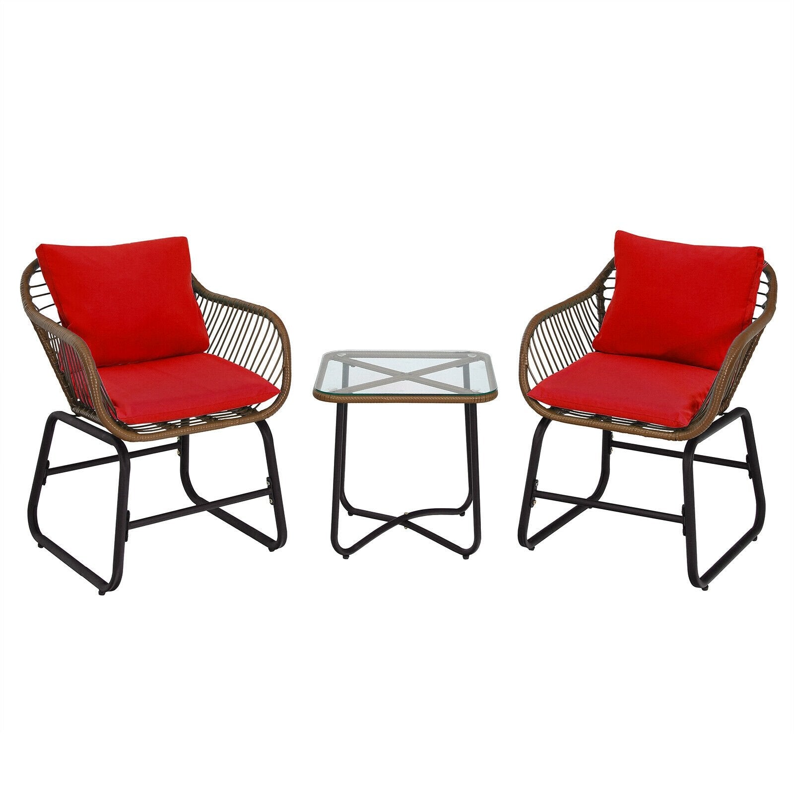 3 Pieces Patio Rattan Bistro Set with Cushions and Glass Table-Red