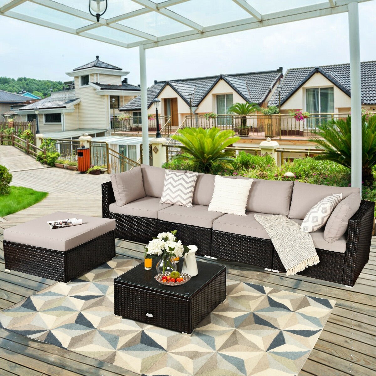 6 Pieces Outdoor Patio Rattan Furniture Set Sofa Ottoman-Coffee