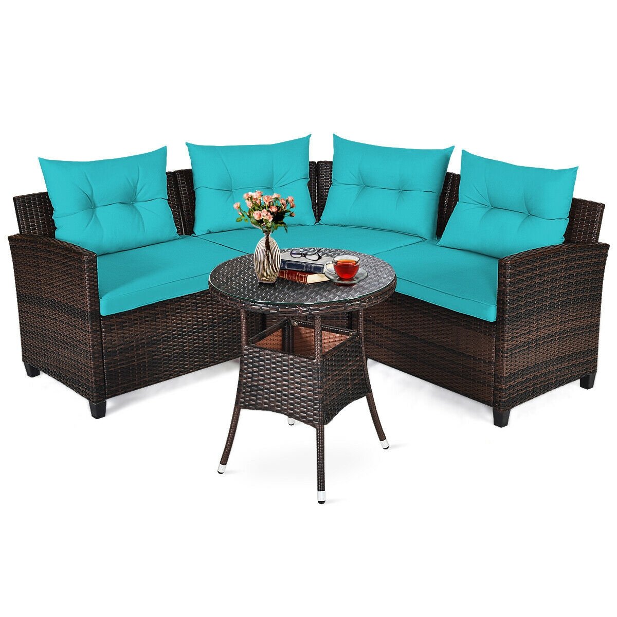 4 Pieces Outdoor Cushioned Rattan Furniture Set-Black