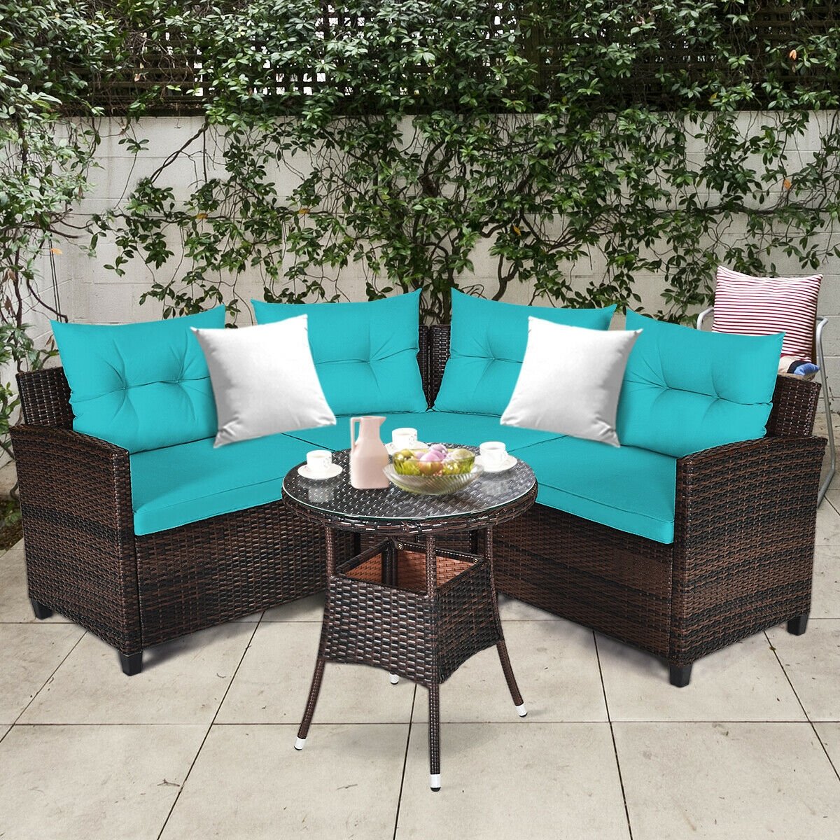 4 Pieces Outdoor Cushioned Rattan Furniture Set-Black