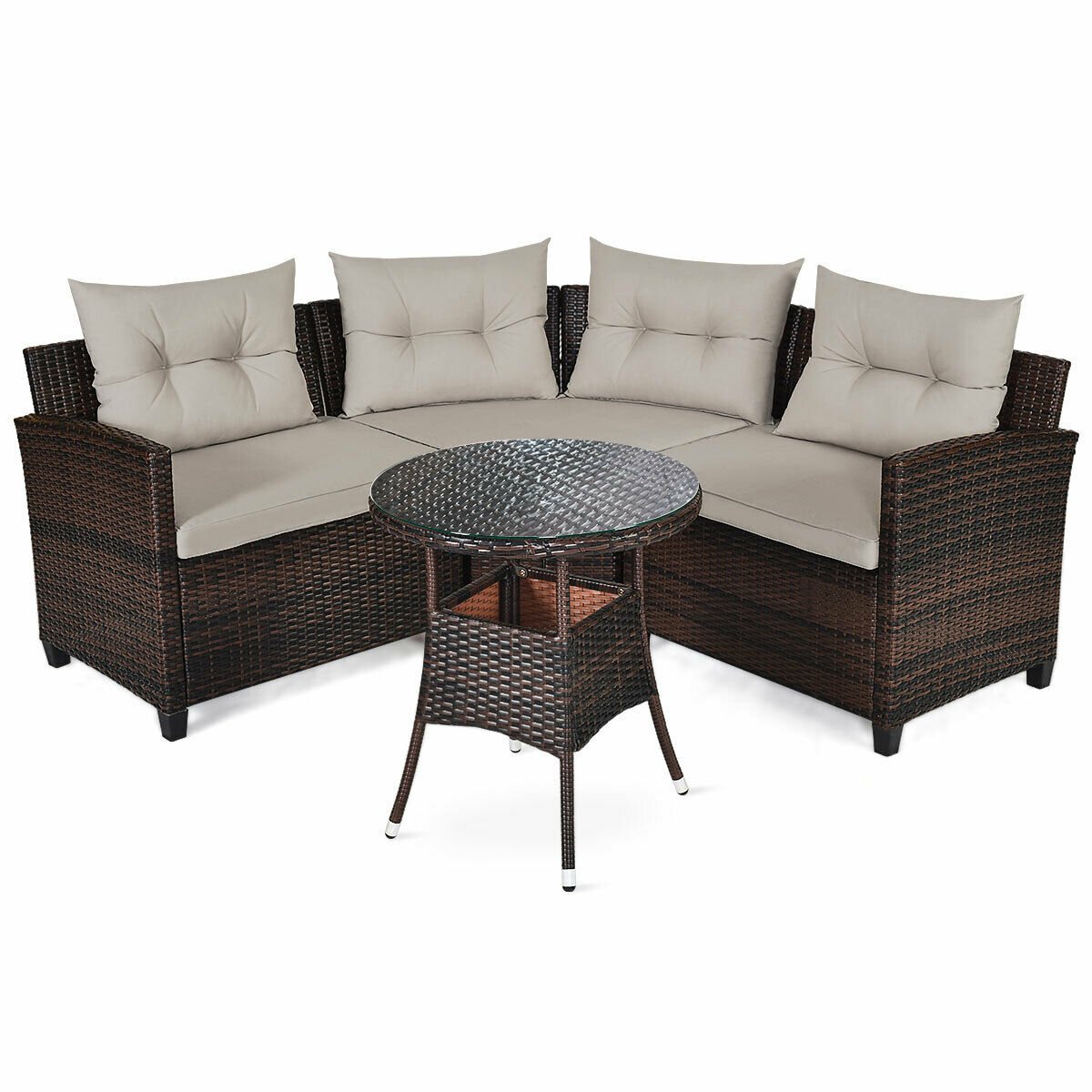 4 Pieces Outdoor Cushioned Rattan Furniture Set-Black
