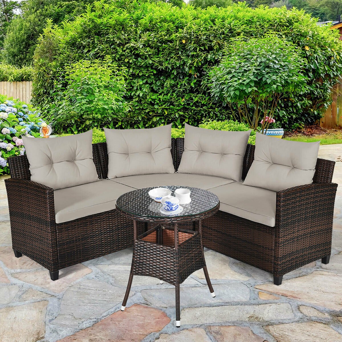 4 Pieces Outdoor Cushioned Rattan Furniture Set-Black