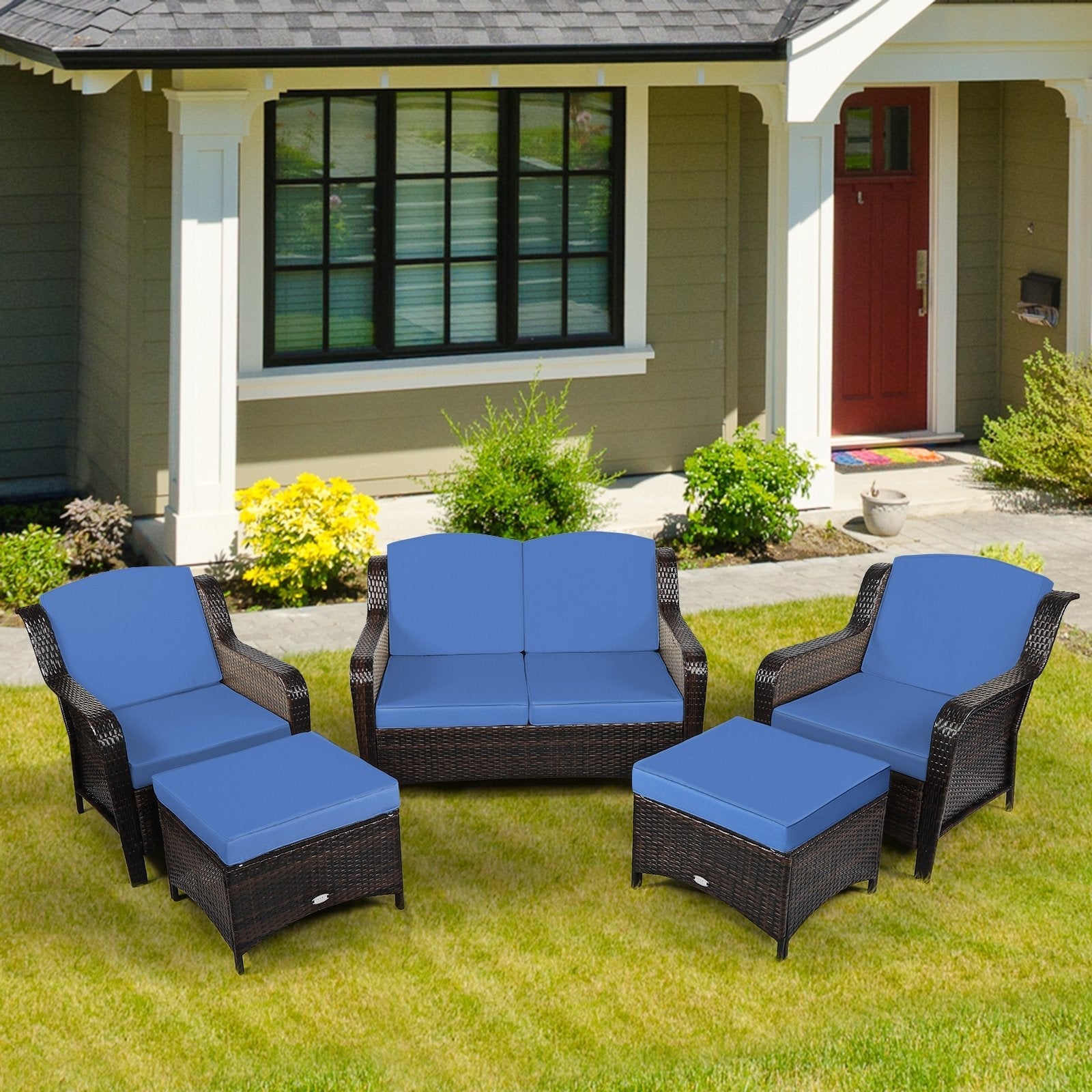 5 Pieces Patio Rattan Sofa Set with Cushion and Ottoman-Black