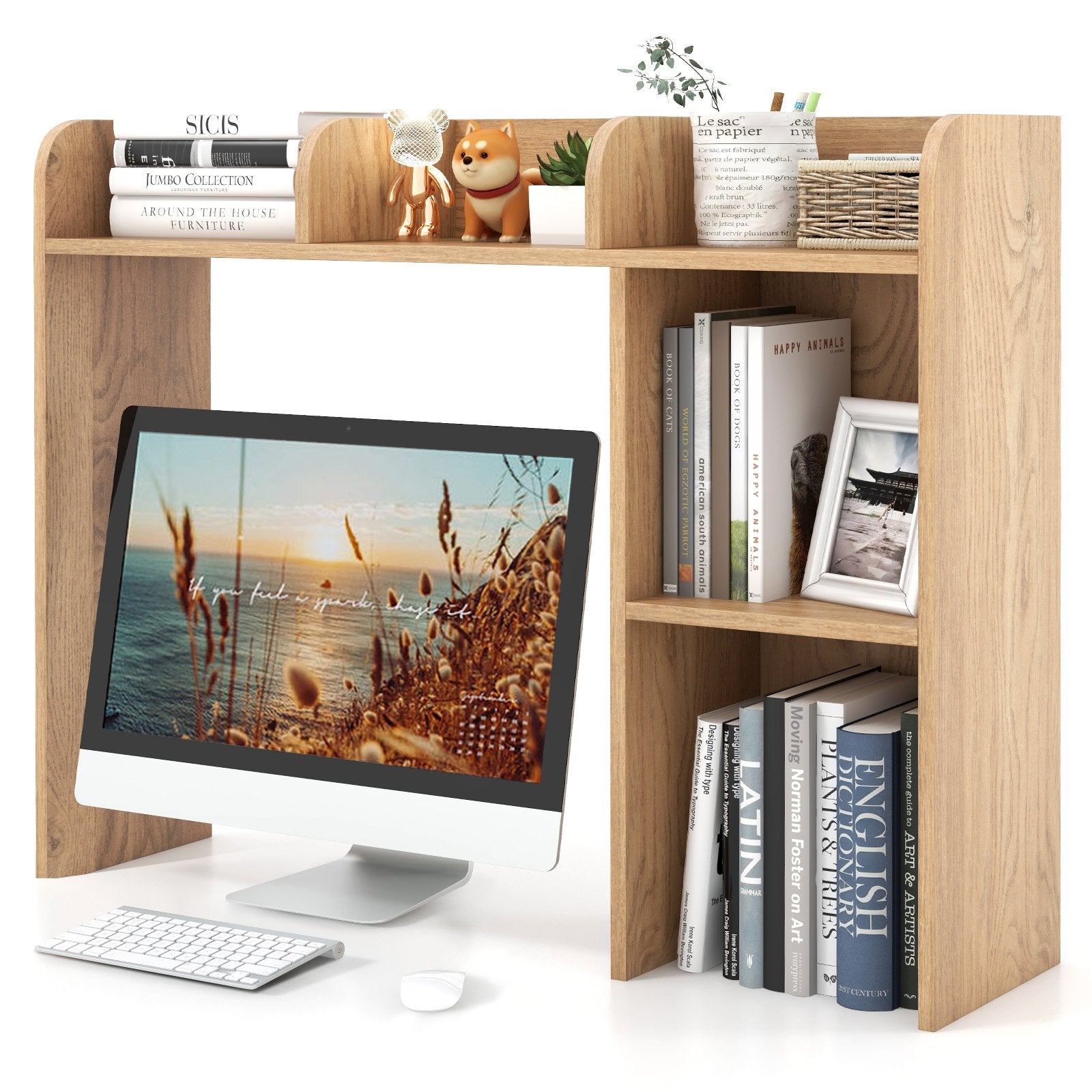 3-Tier Multipurpose Desk Bookshelf with 4 Shelves-Beige