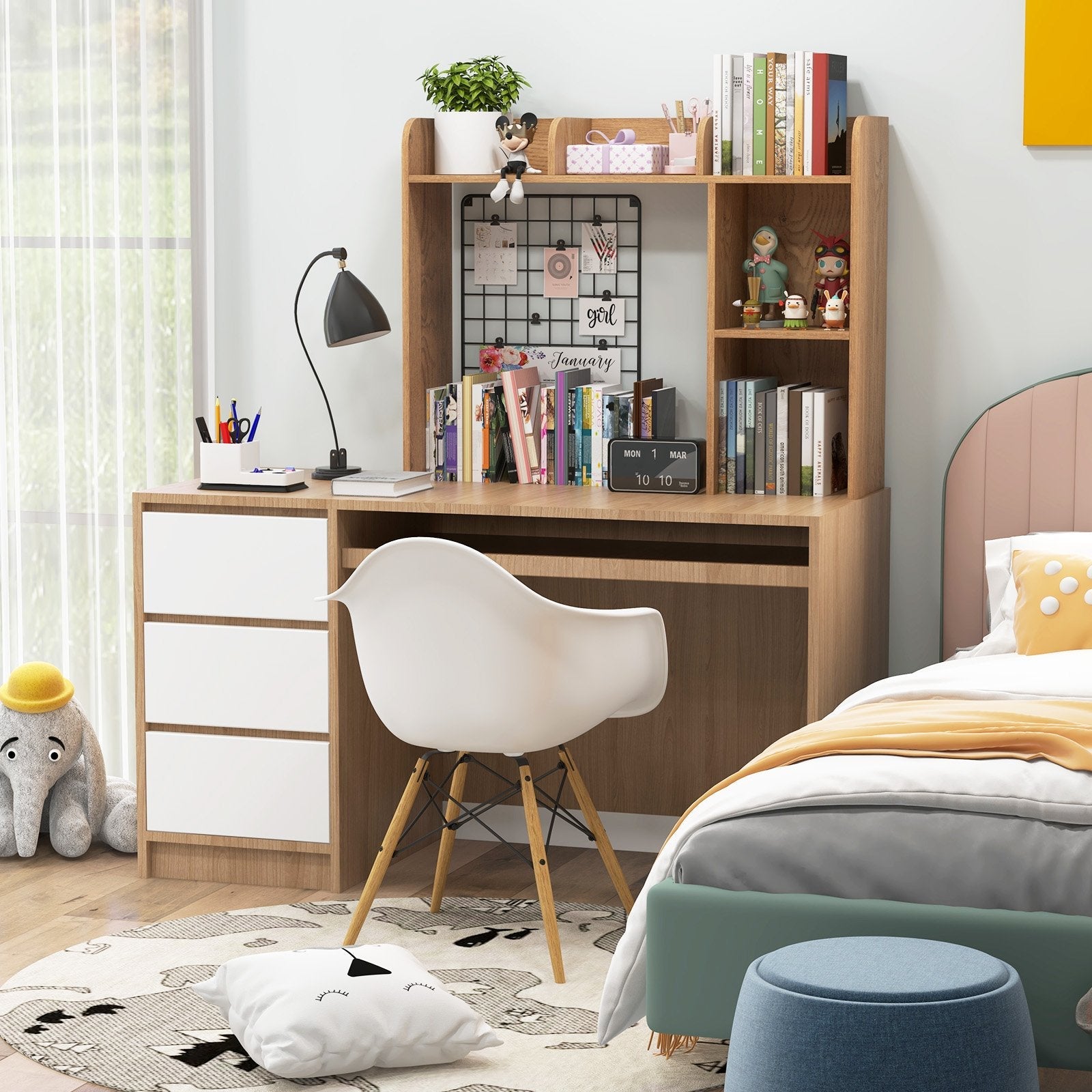 3-Tier Multipurpose Desk Bookshelf with 4 Shelves-Beige