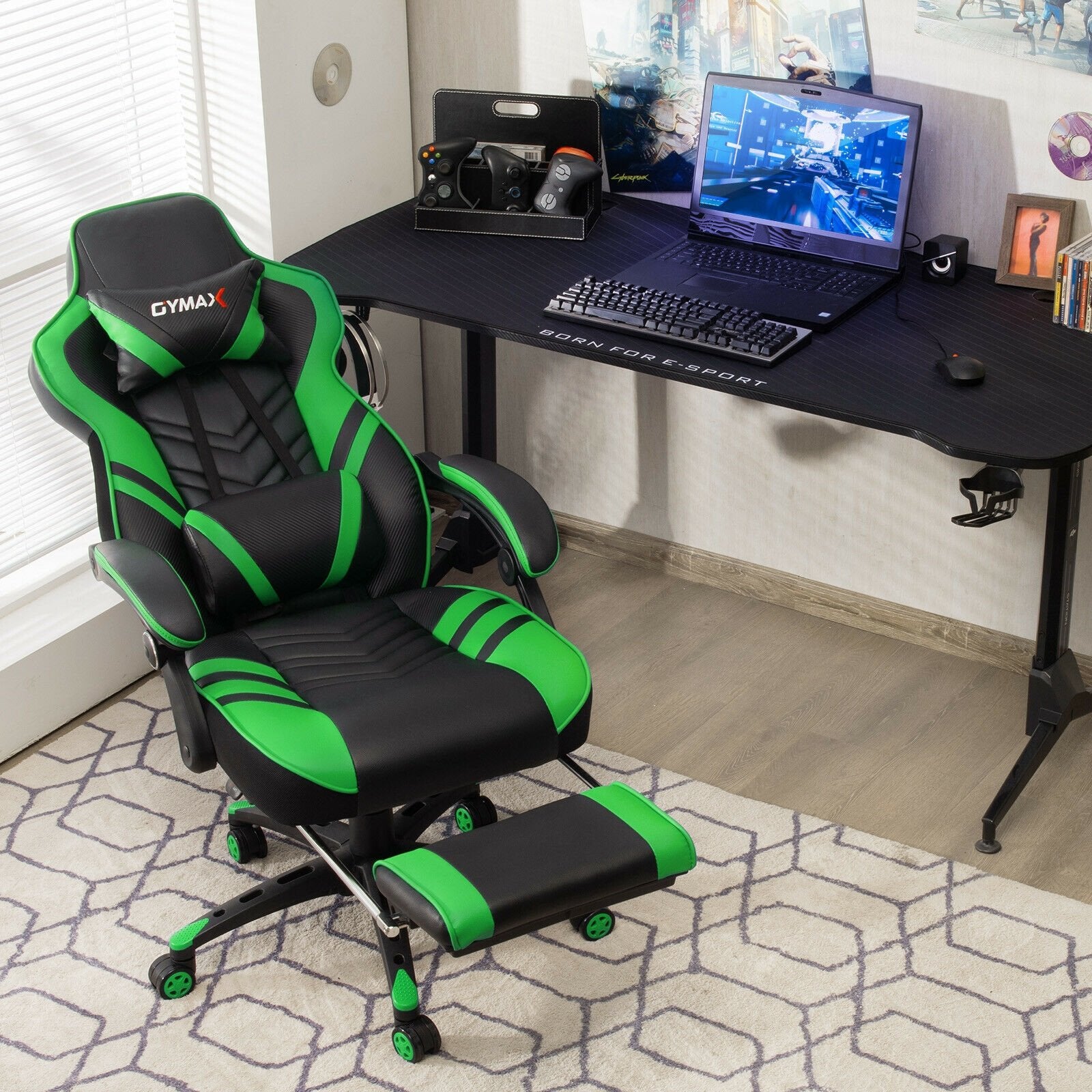 Adjustable Gaming Chair with Footrest for Home Office-Black