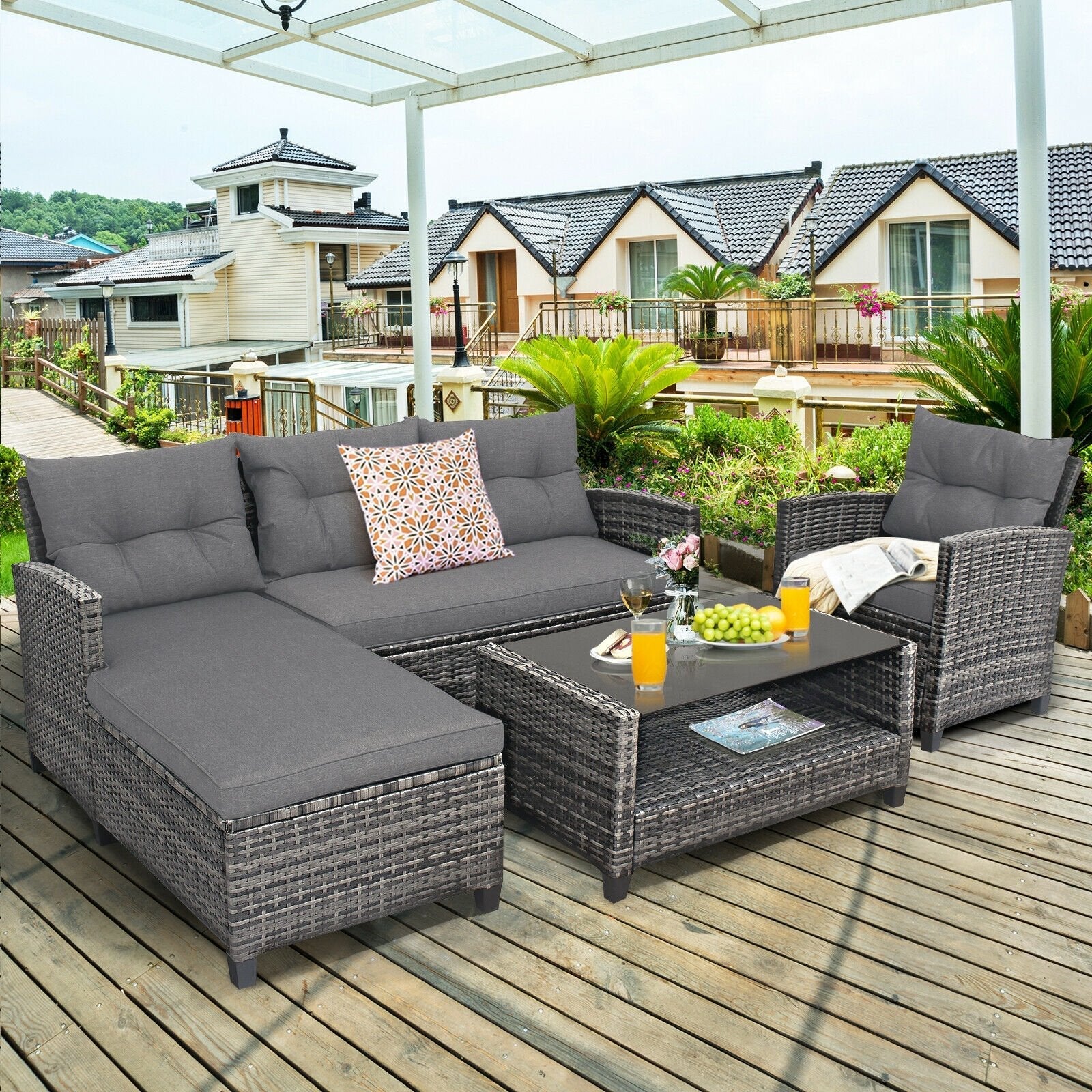 4 Pieces Patio Rattan Sofa Furniture Set with Cushion and 2-Tier Coffee Table-Black