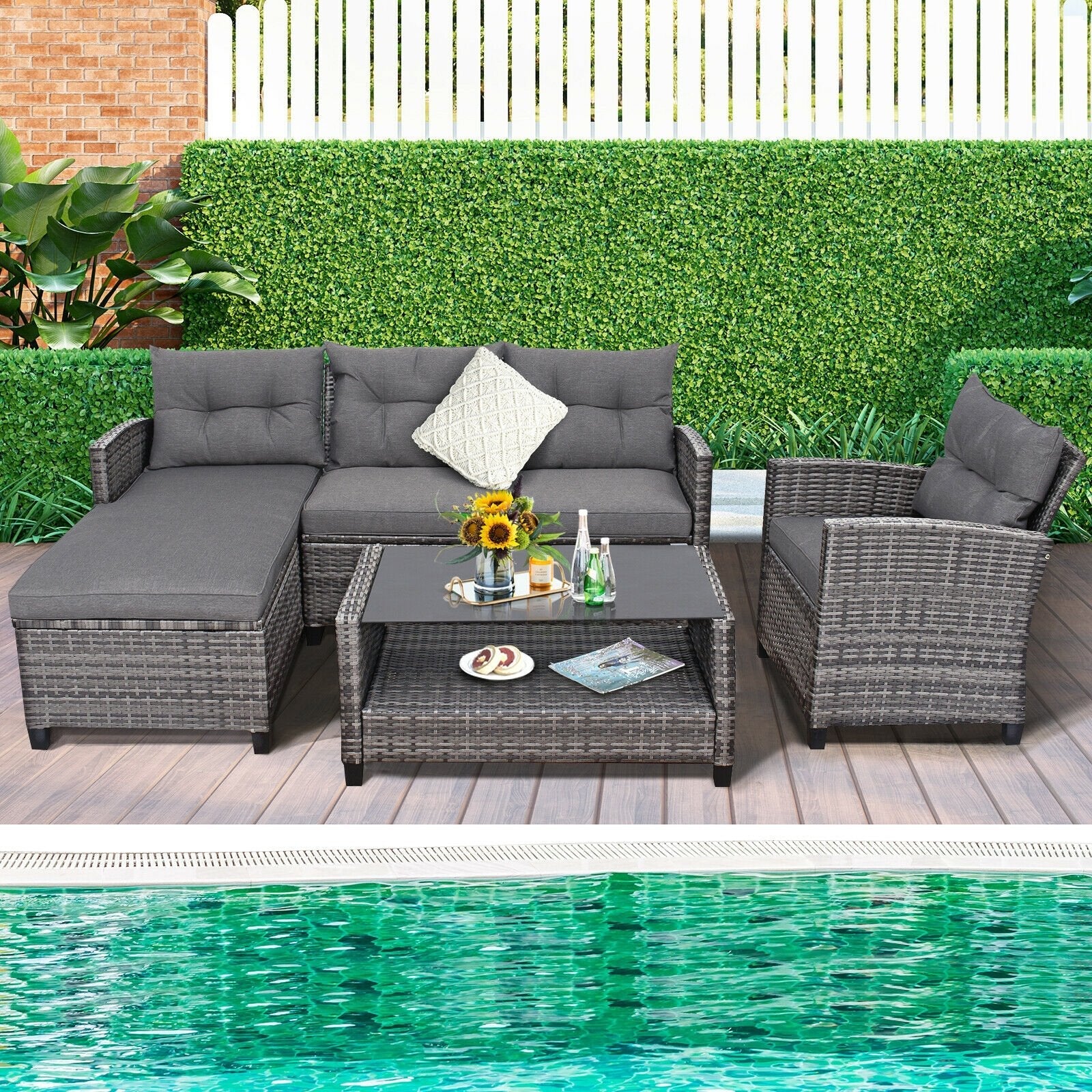4 Pieces Patio Rattan Sofa Furniture Set with Cushion and 2-Tier Coffee Table-Black