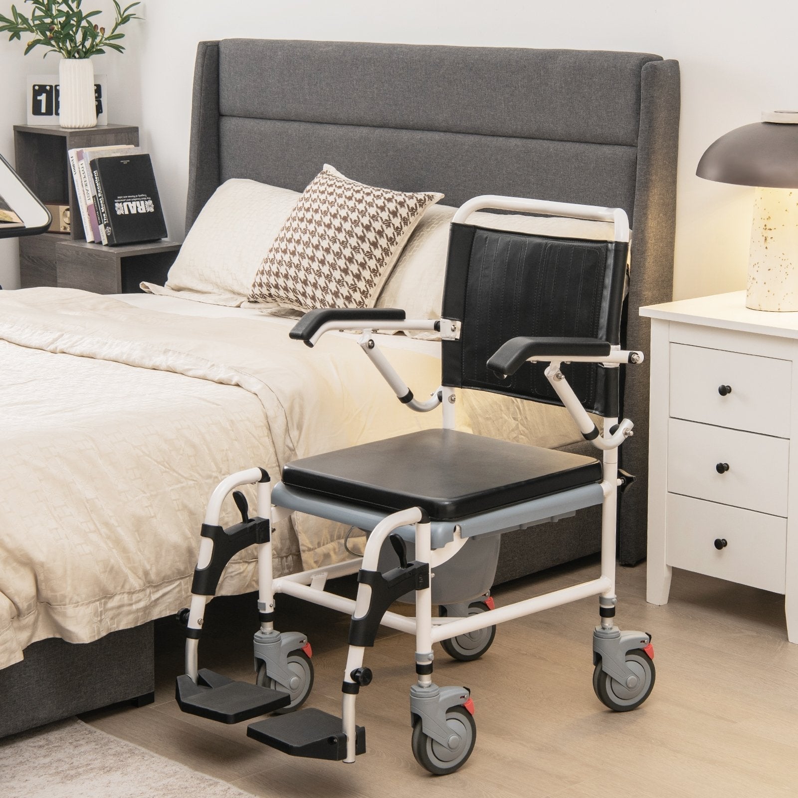 4-in-1 Bedside Commode Wheelchair with Detachable Bucket
