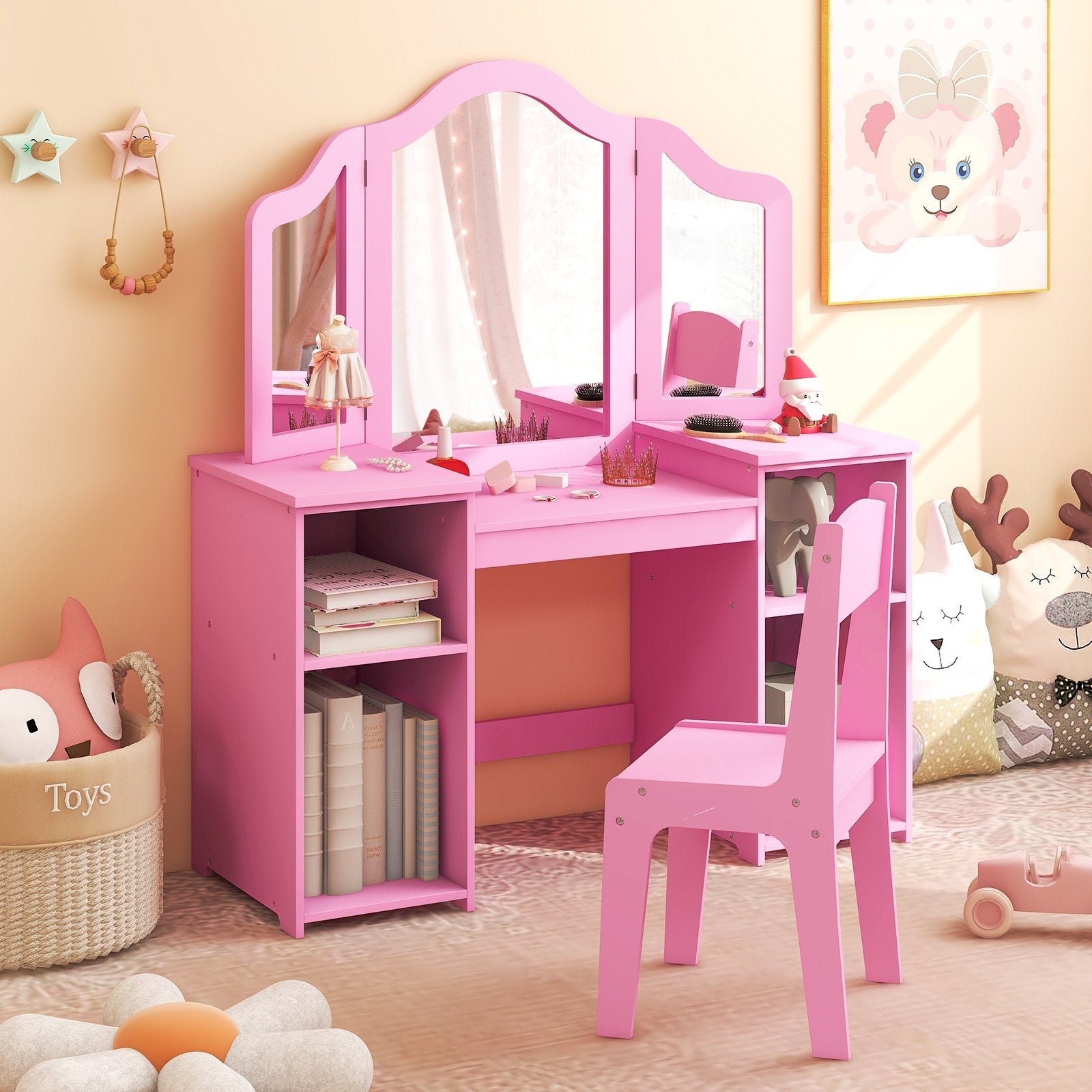 Kids Vanity Table and Chair Set with Removable Tri-Folding Mirror-Pink