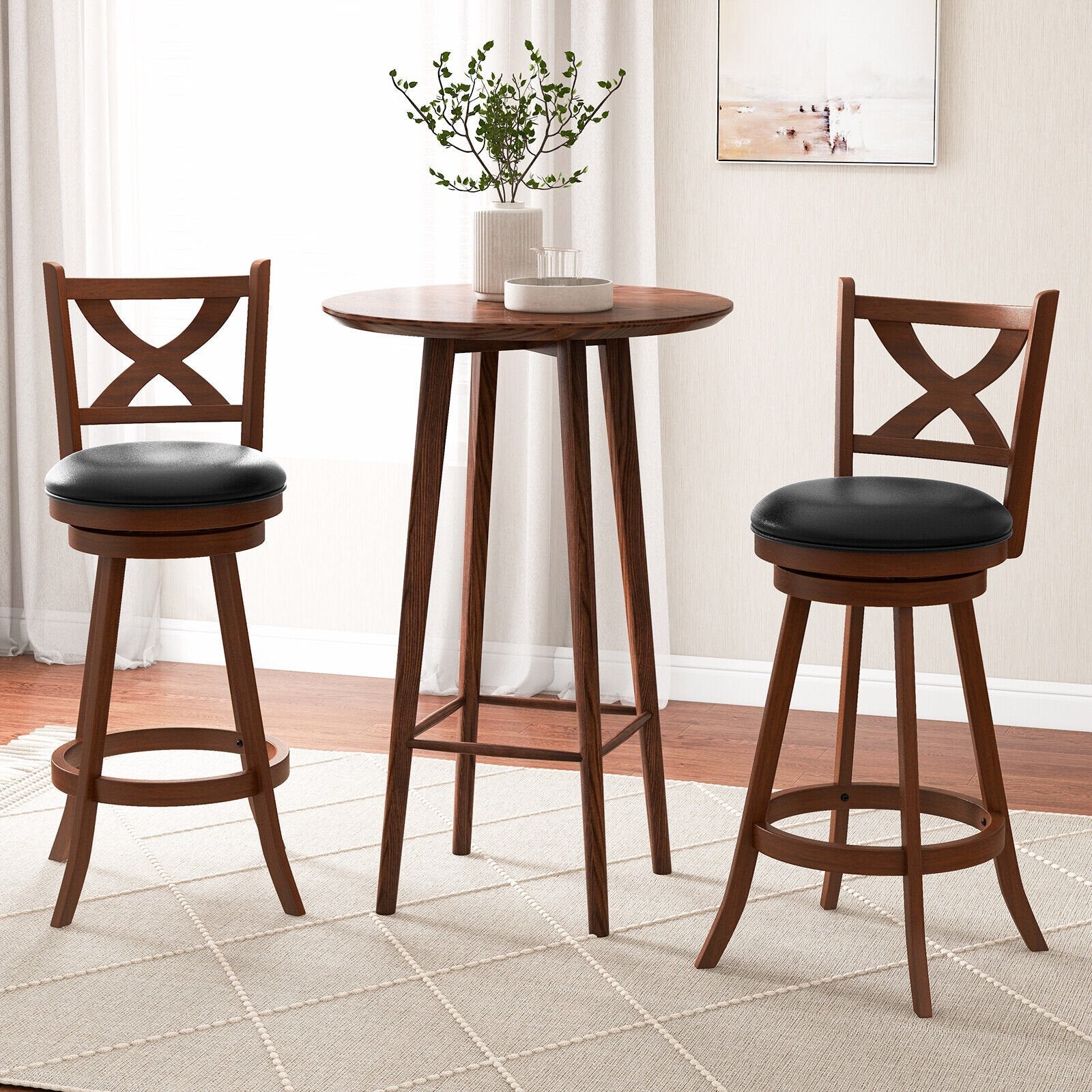 2 Pieces Classic Counter Height Swivel Bar Stool Set with X-shaped Open Back-M