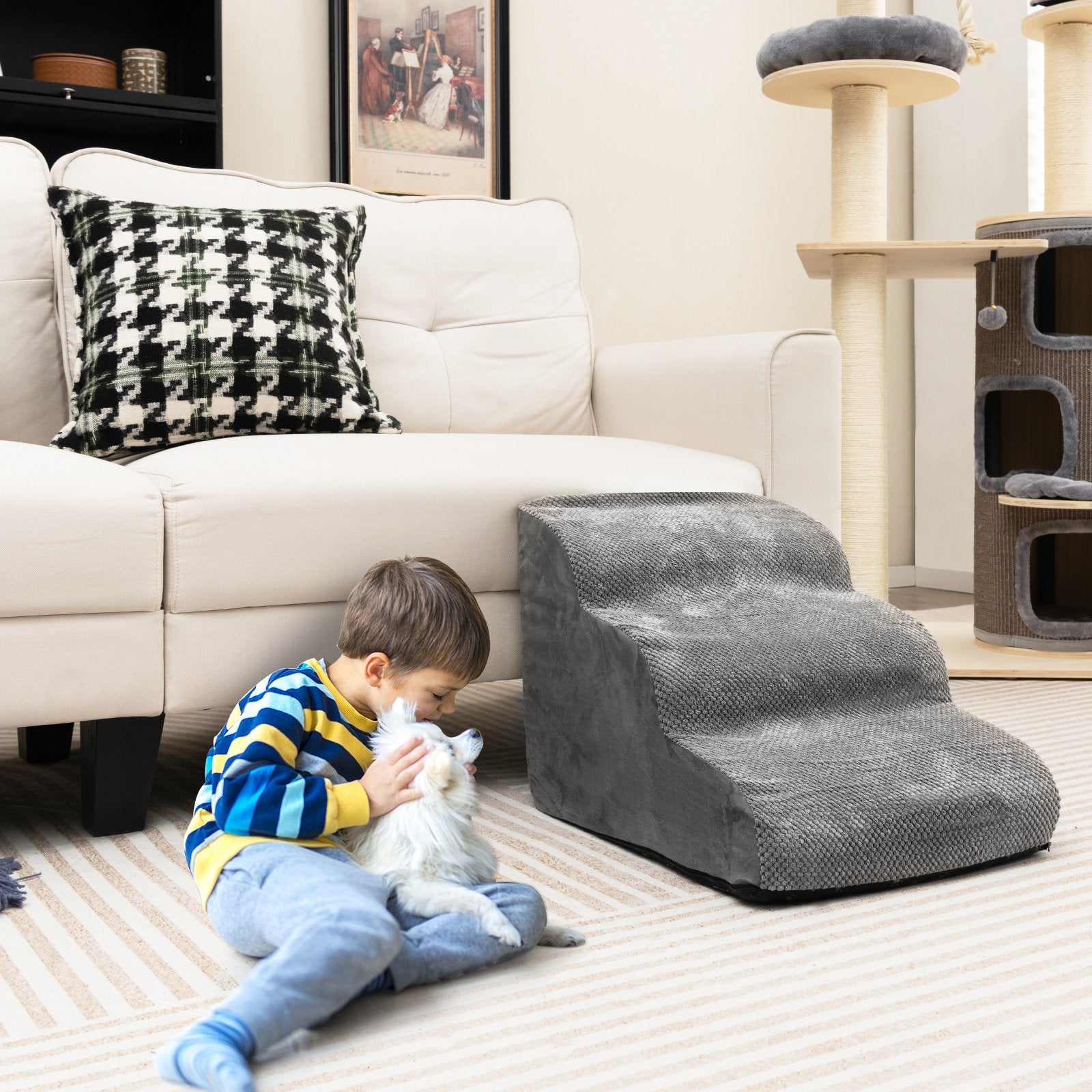 3-Tier Non-Slip Dog Steps with High-Density Sponge and Silicone Paw Prints-Brown