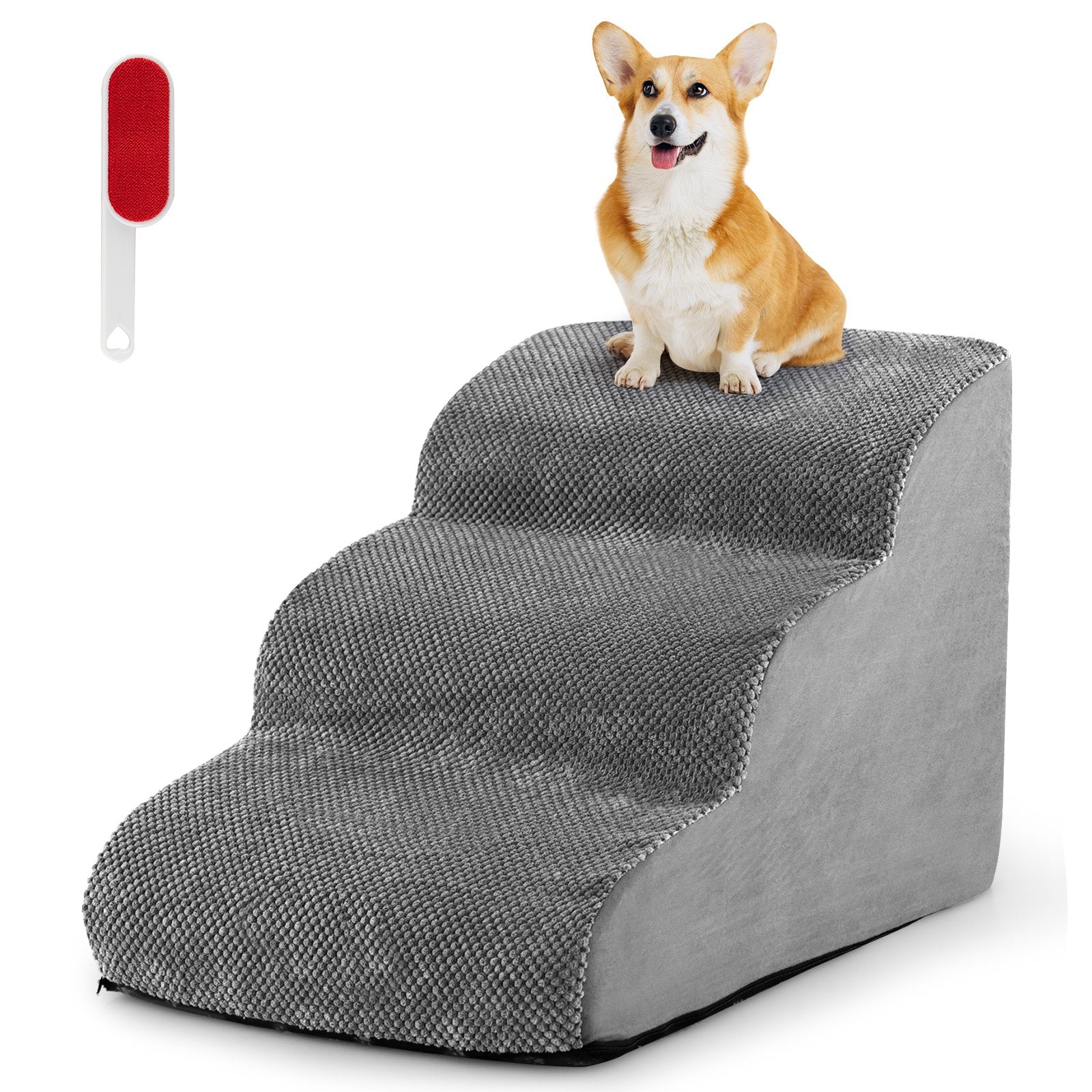 3-Tier Non-Slip Dog Steps with High-Density Sponge and Silicone Paw Prints-Brown