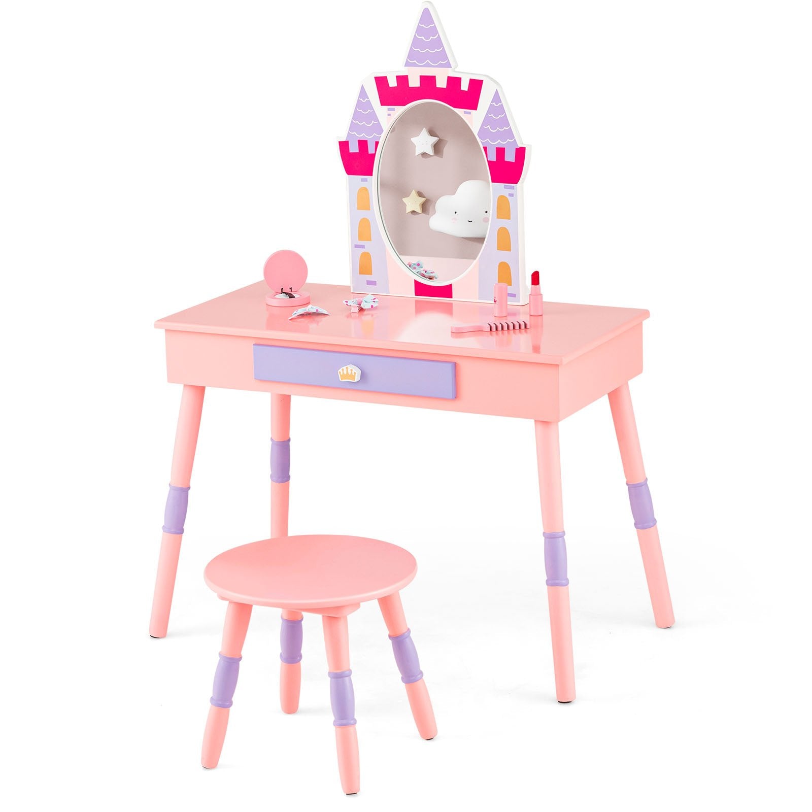 Kids Princess Vanity Table and Stool Set with Drawer and Mirror-Pink