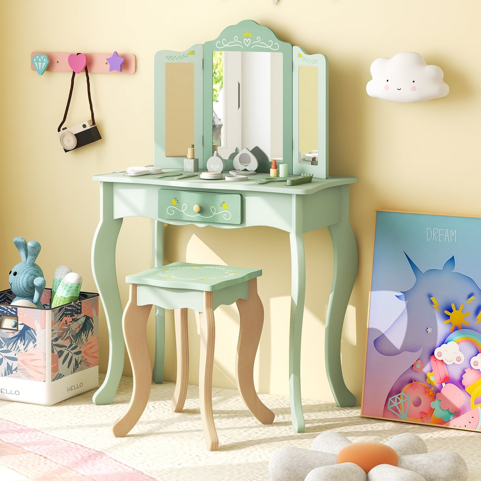 Kids Vanity Set with Tri-folding Mirror-Green